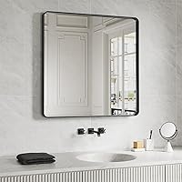 Vista 20 de Espejo de baño negro de 20x30 pulgadas con marco de metal negro, espejo de tocador rectangular redondeado con acabado mate para pared, con vidrio