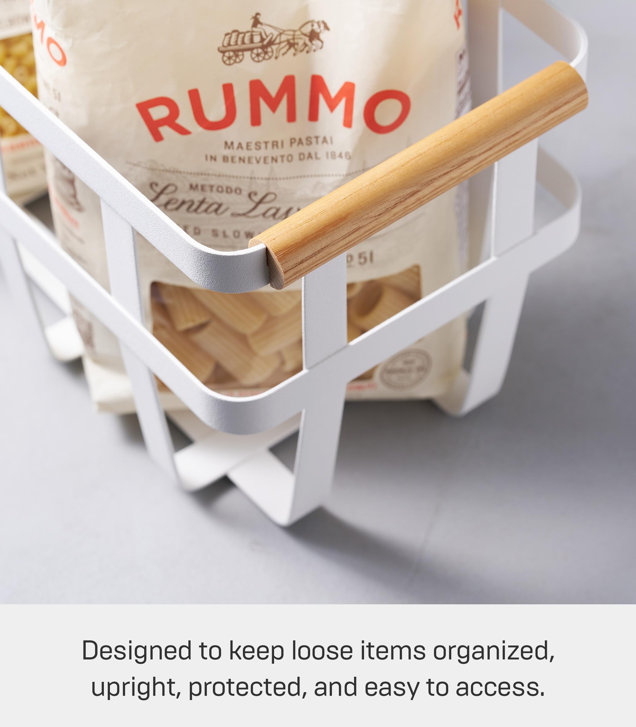 Yamazaki Home Storage Basket - Home Organizer Bin Holder with Wooden Handle Steel + Wood Small White