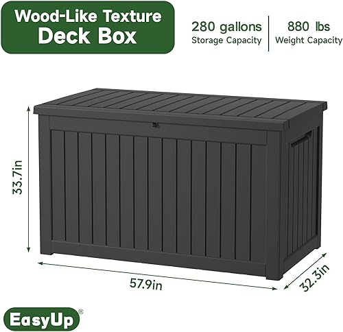 Vista 94 de EasyUp Caja de almacenamiento para exteriores de 230 galones, impermeable, resistente a los rayos UV, con varilla hidráulica, estabilidad reforzada