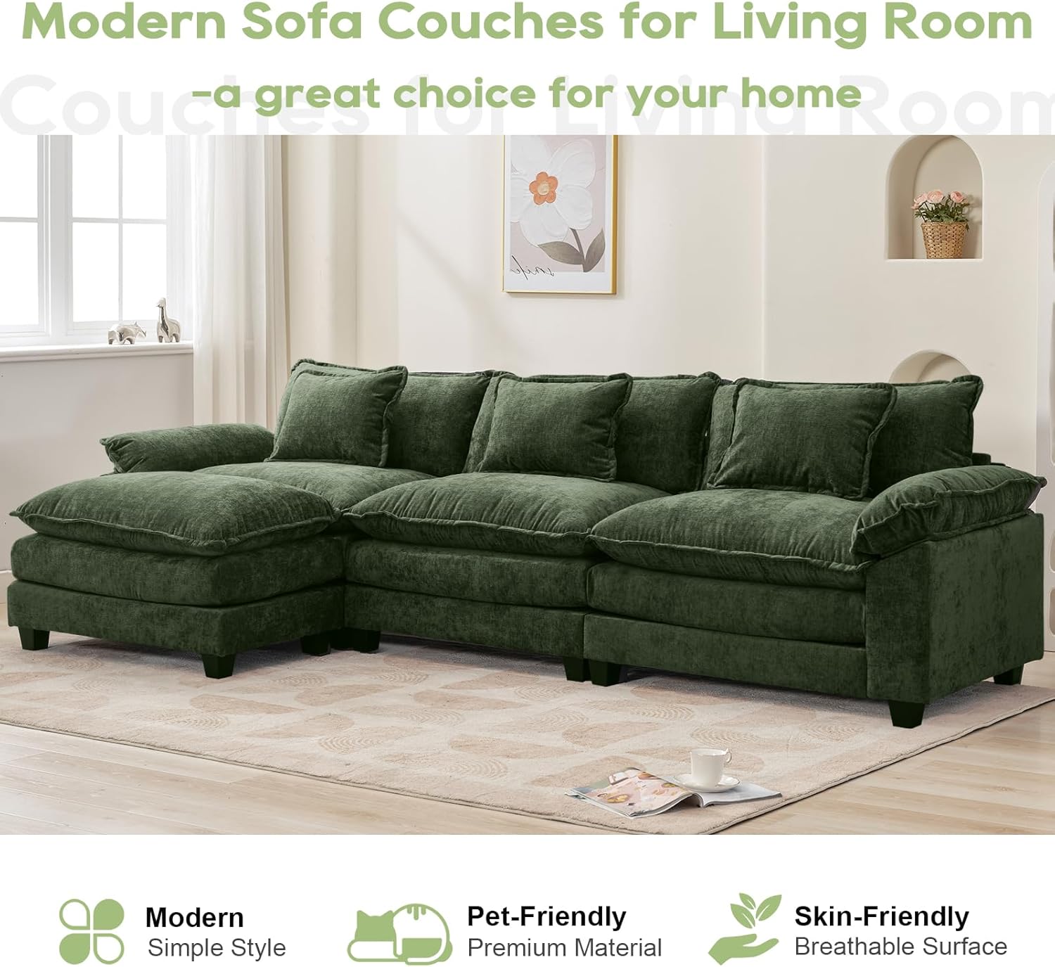 120" Modular Sectional Sofa, Comfy Cloud Couch Sectional Sofa with Ottoman, Chenille Sofa Sleeper Deep Seat Sofa with Throw Pillows for Living Room (Green, 120"- L Shape) Green 120"- L Shape