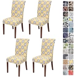 JOTOM Fundas para Sillas Elásticas Protector de Silla de Comedor de Spandex Suaves Extraíbles Fundas de Silla para Comedor Hotel Fiesta Boda Cocina,Pack de 4 (Geometría Gris Amarillo)