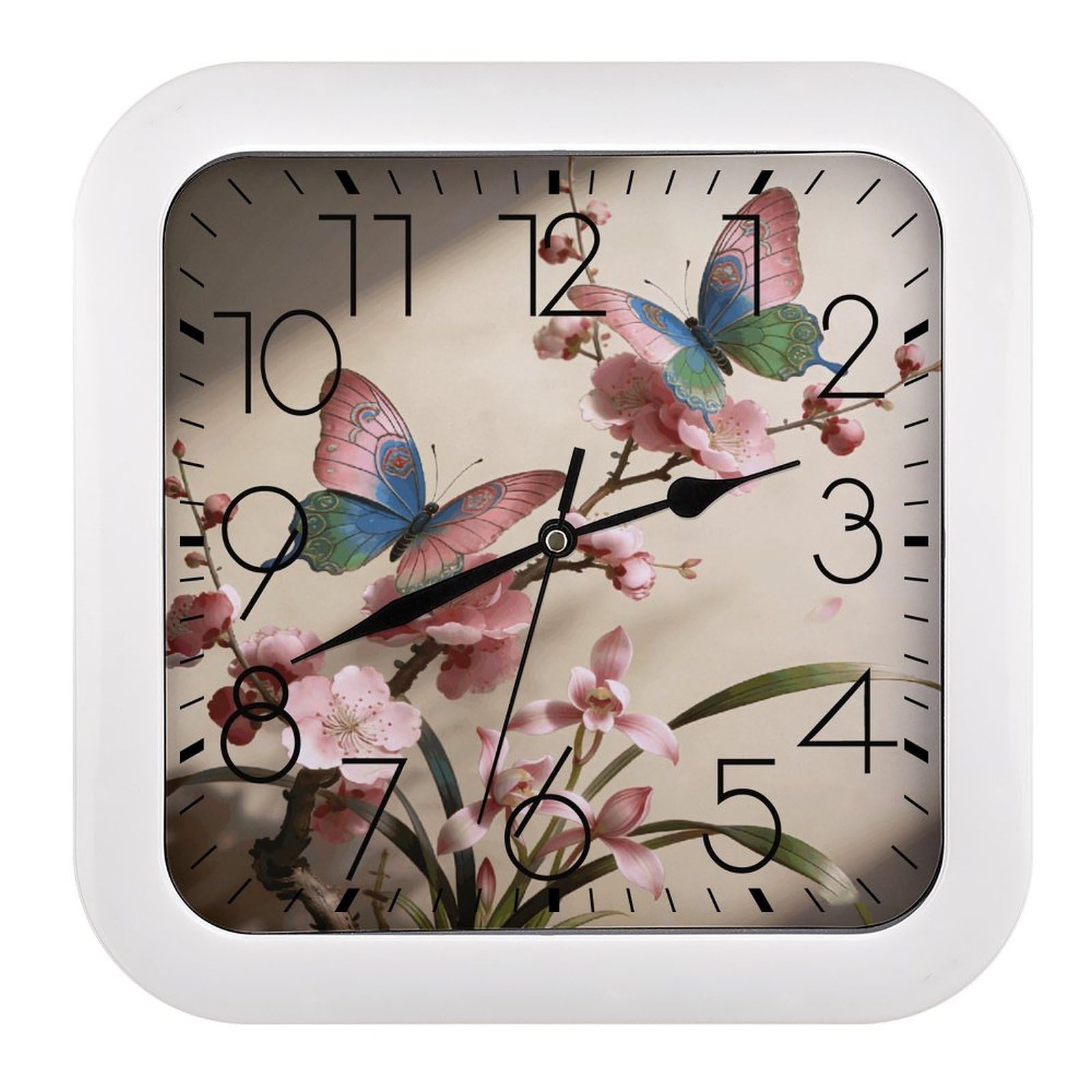 Fodpand Style Butterfly Perches On The Spring Branch. Wall Clock,Battery Operated Modern Retro Rounded Square Clock Clock For Bedroom Living Room Office Home Gym Porch Decor Indoor Outdoor 10.2 * 10.2In
