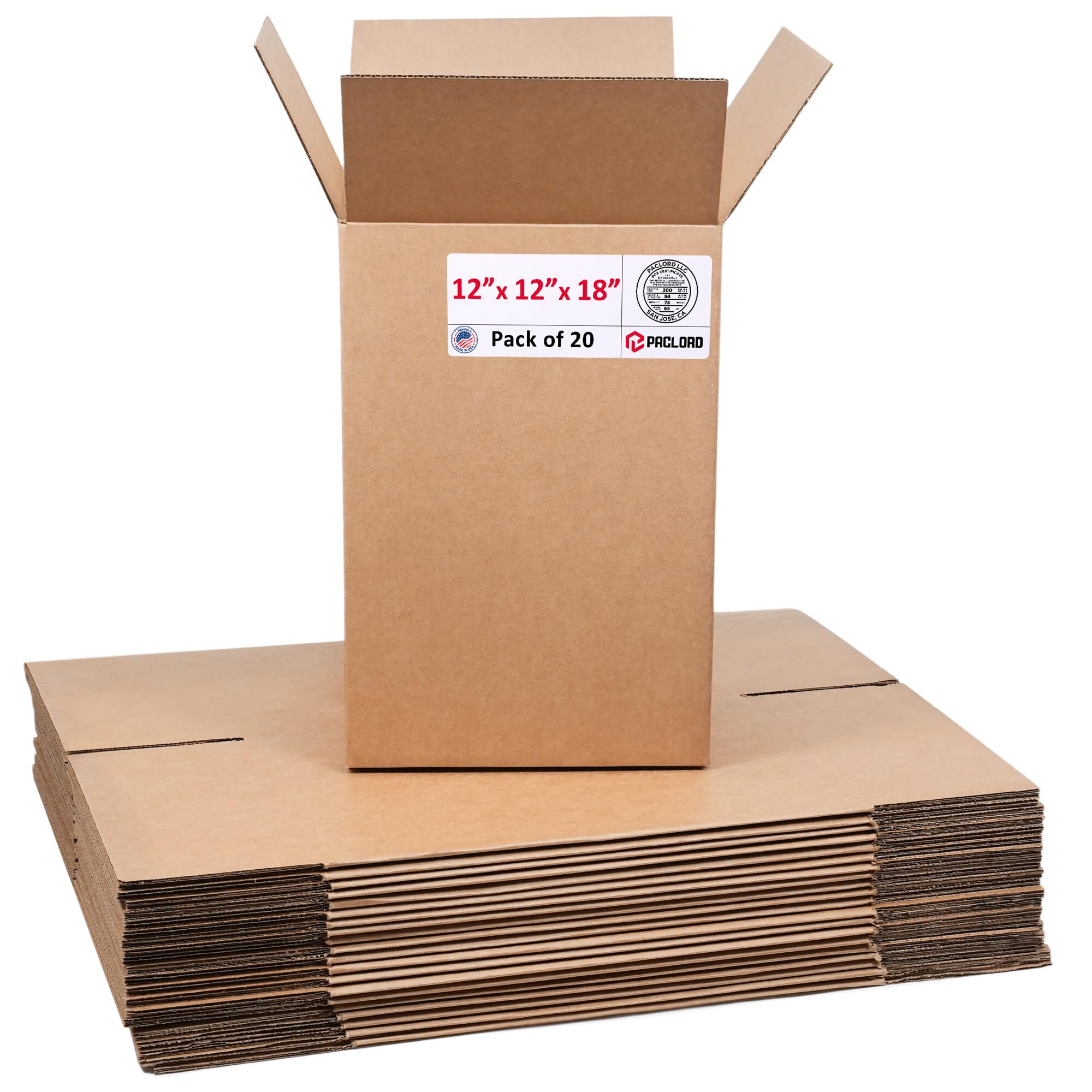 Tall Cardboard Boxes 12"L x 12"W x 18"H (Pack of 20) - USA-Made Packing Boxes for Moving, Shipping, or Storage - USPS, UPS, FedEx Approved - Professional Packing Supplies for Moving | USA-Made Packing Boxes for Moving, Shipping, or Storage - USPS, UPS, FedEx Approved - Professional Packing Supplies