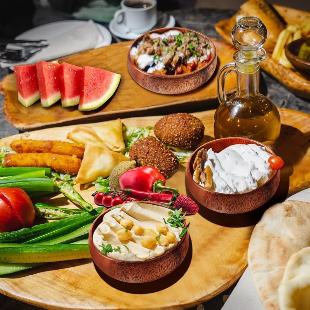 4inch Acacia Wood Dipping Bowls Set, 6PCS Small Wooden Dessert Bowls for Charcuterie Board, Sauce, Nuts, Snacks, Soy Sauce, Rustic Mini Condiment Serving Set (6 bowls, 2 spoons, and 2 plates)