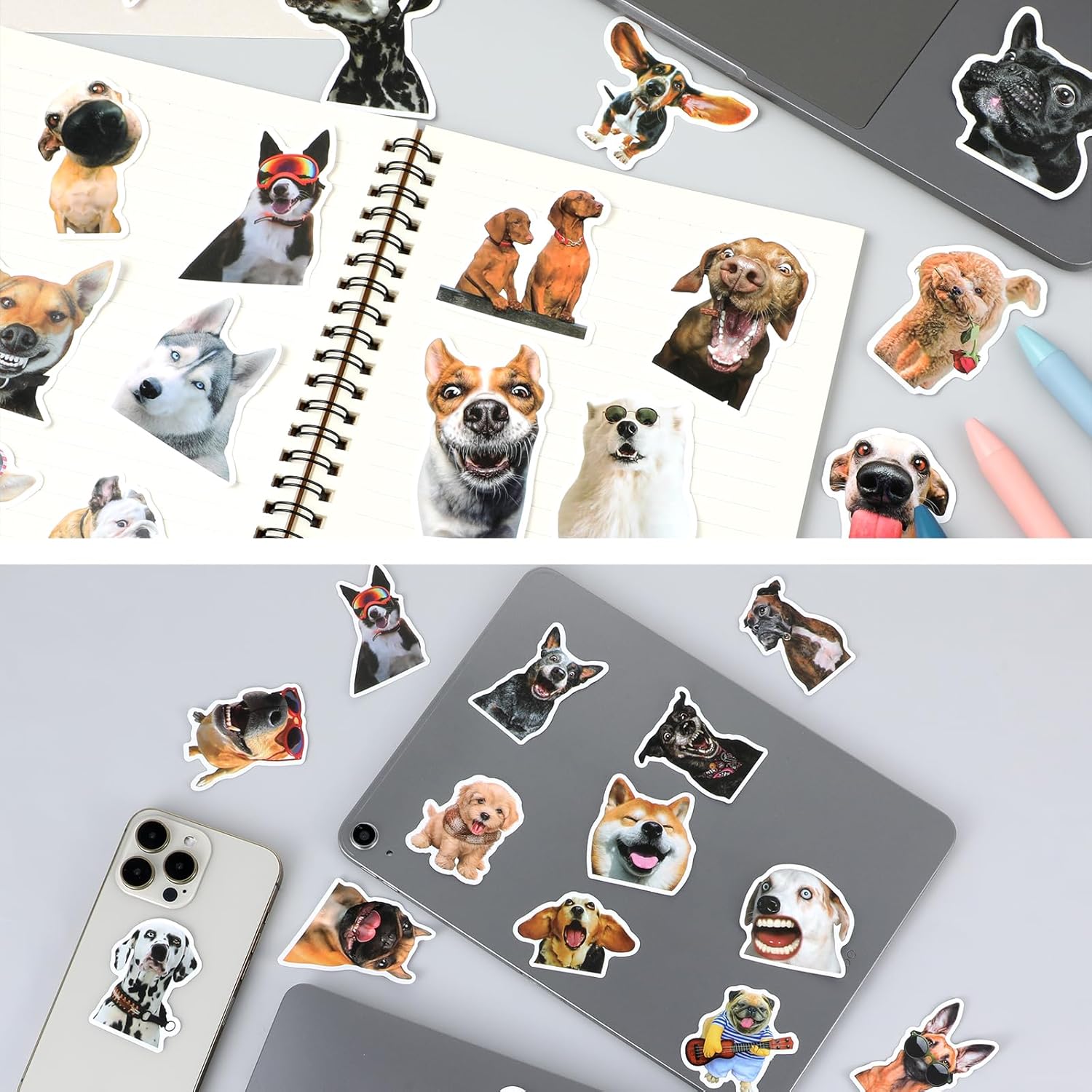 Bewudy 50Pcs Funny Dog Stickers Bulk, Cool Animal Puppy Waterproof Kids' Stickers for Water Bottles, Scrapbooking, DIY - Realistic Emoticon Pack for Boys Girls (Style B)
