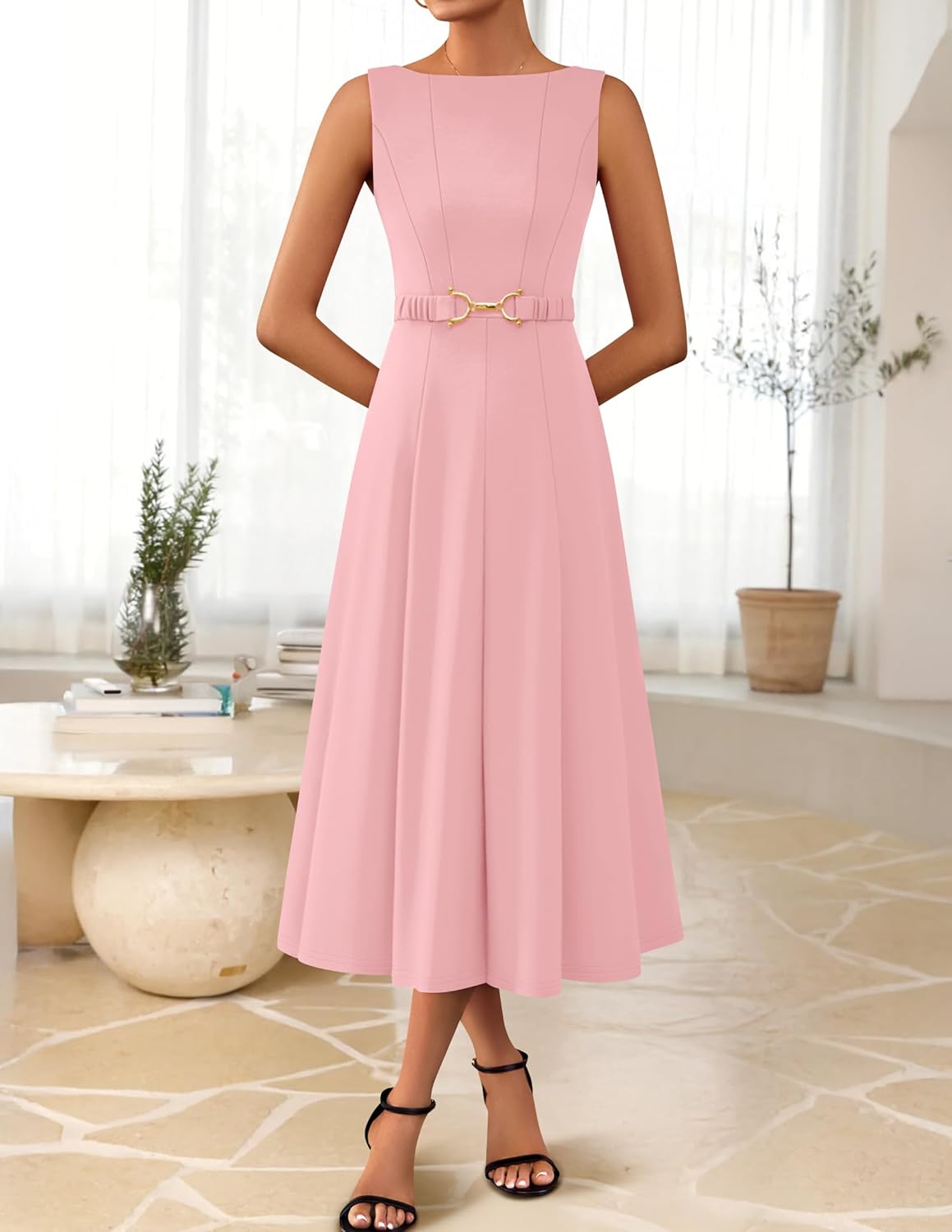 ZESICA Women Summer Sleeveless Midi Dresses 2026 Elegant Boat Neck A Line Tie Waist Spring Cocktail Party Dress - Image 8