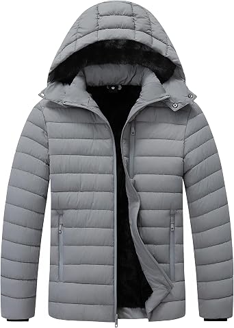 Mens Quilted Puffer Down Coat| Windproof, Waterproof, Flannel Lined, Detachable Hood, Thicken for Winter Warmth