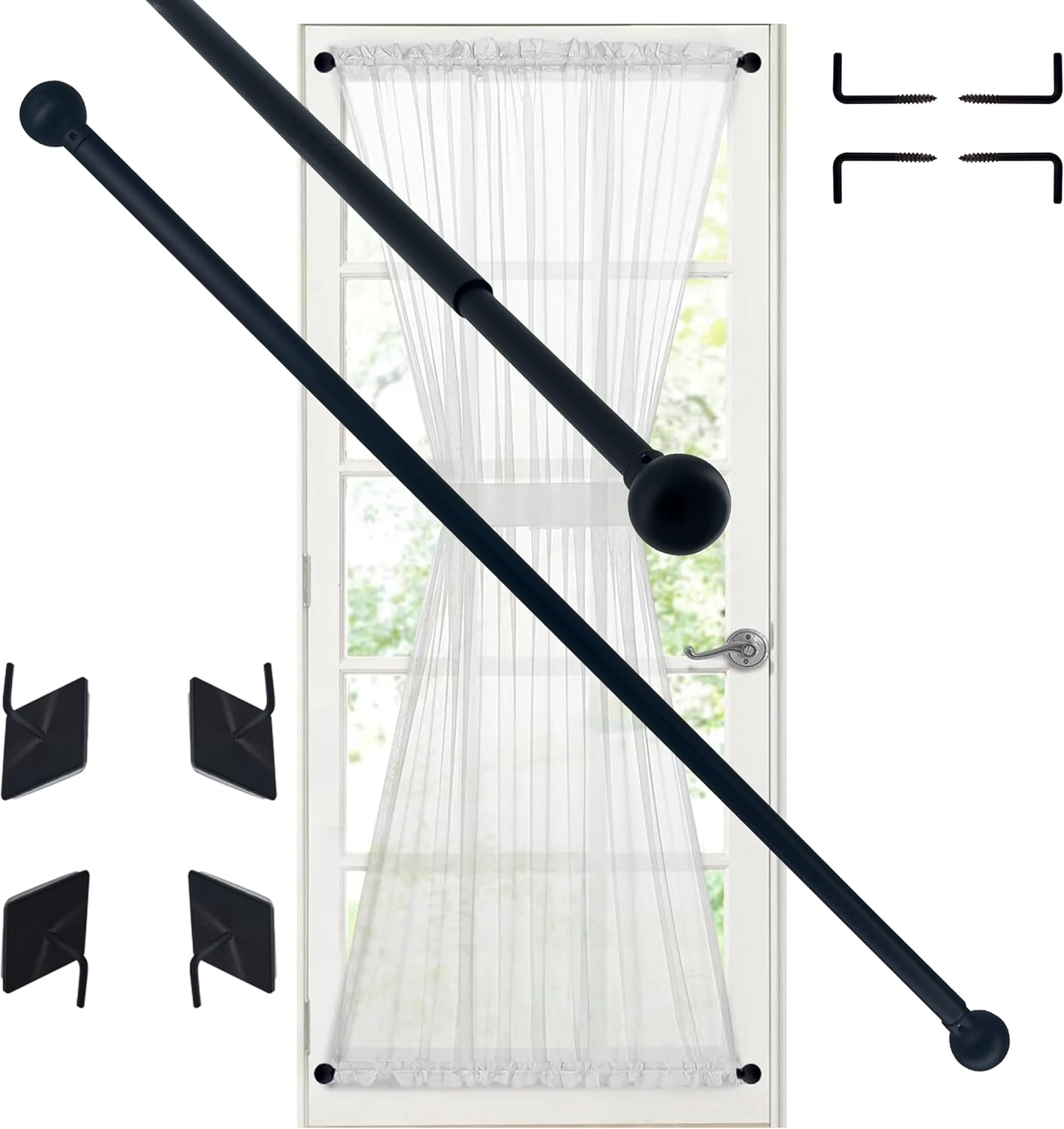 Premium Adjustable Curtain Rod for French Doors, Kitchen Curtain & Small Window, 3/8 Inch Diameter, 2 Pack, Black