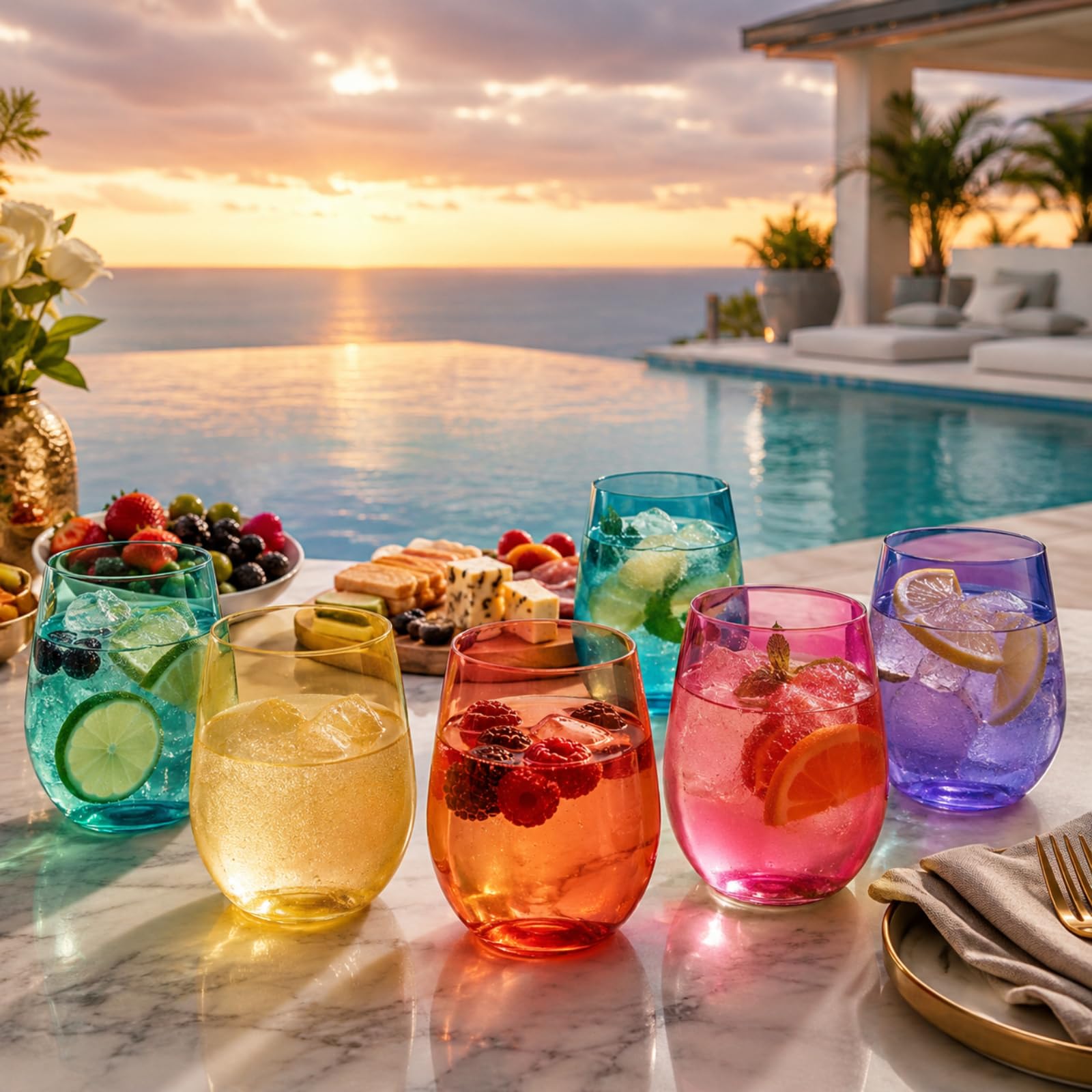 Lot de 6 verres à vin sans pied en plastique de style européen incassables et sans BPA, réutilisables, pour extérieur, piscine, intérieur, lavage à la main, 425 g