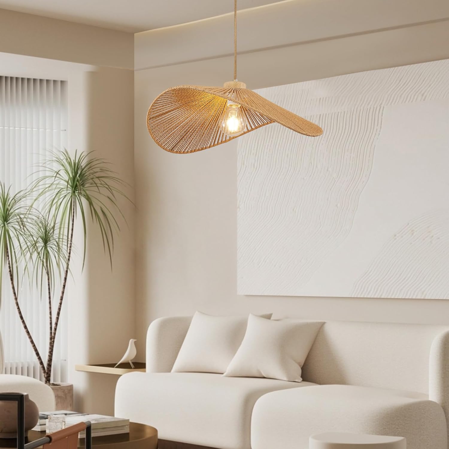 Boho Rattan Pendant Light Fixture Modern Style Hanging Light Bohia Natural Bamboo Handmade1-Light Hanging Lamp for Farmhouse Bedroom Living Room Dining Room 19.7''