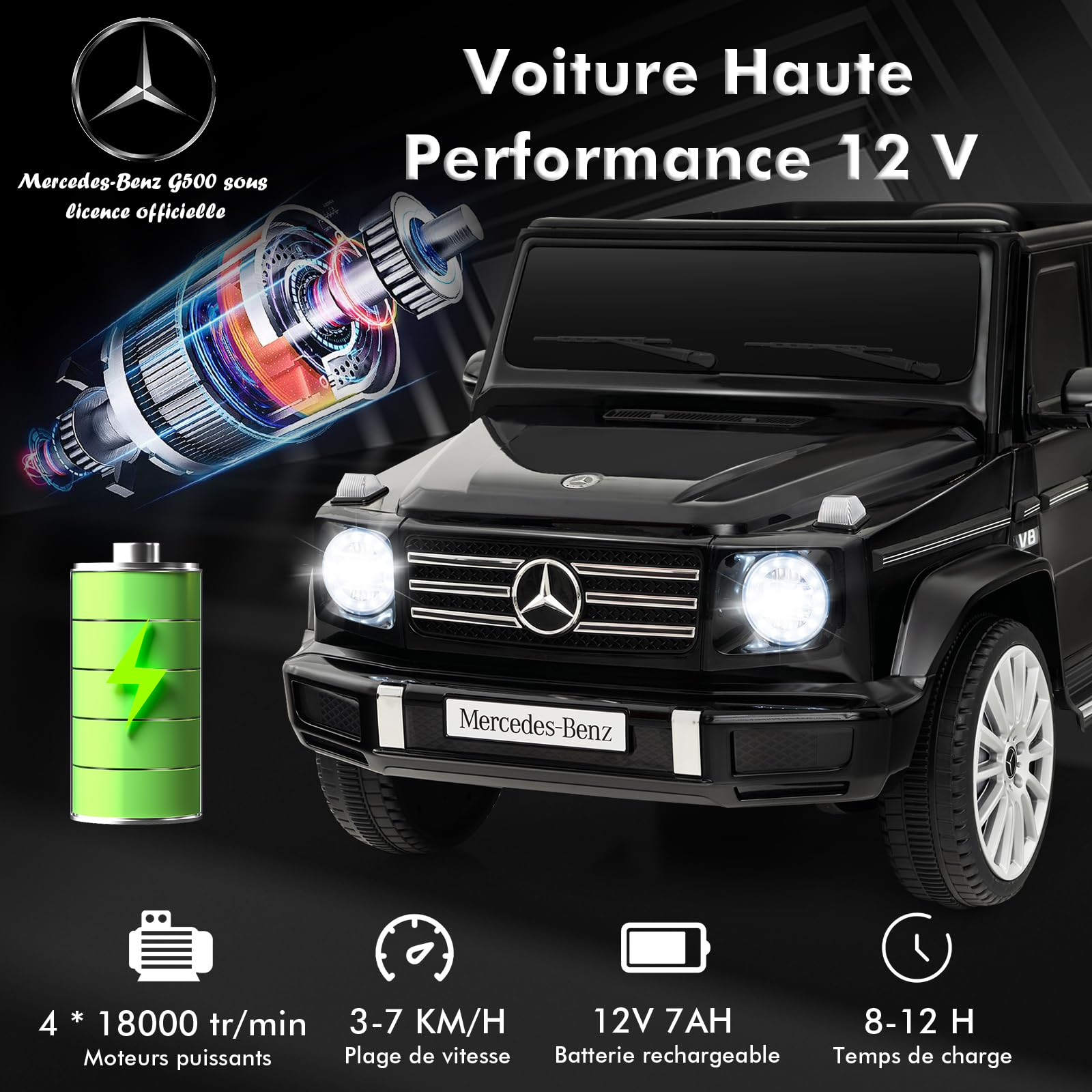 GOPLUS 12V Voiture Électrique Enfants Mercedes Benz G500, avec Télécommande 2,4G, Effets Sonores Lumineux & Klaxon, 3-6 kmh, Style Classique pour 3 Ans+, Charge 30kg (Noir)