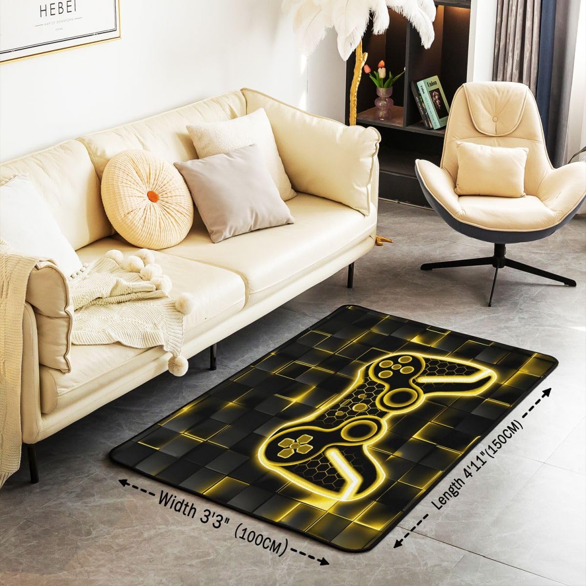 Feelyou Kids Gamer Area Rug 3x5 Yellow and Black Rugs for Living Room Bedroom for Boys Teens Decor Gaming Ombre Decorative Rug Set Geometric Square Indoor Floor Mat - Image 3