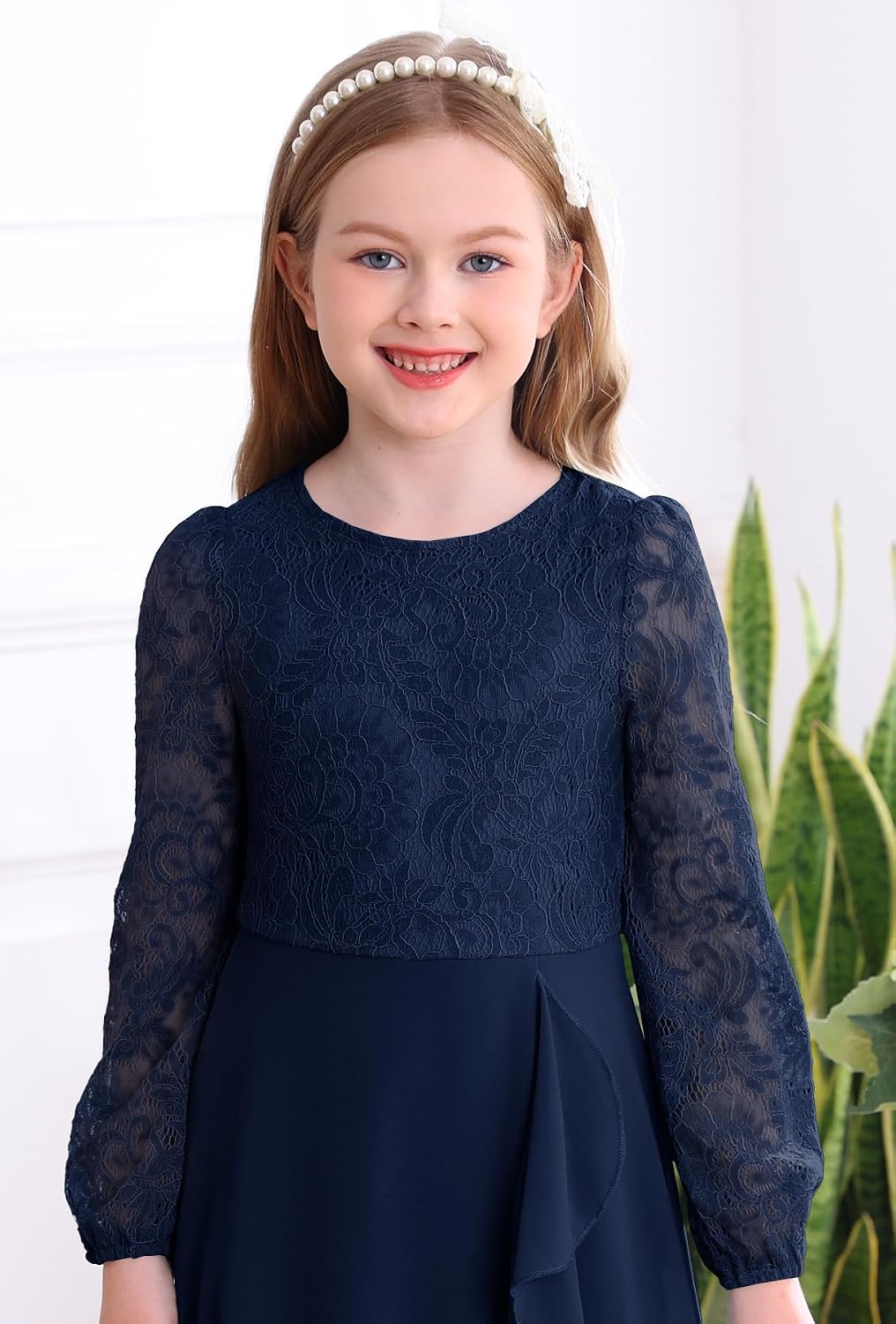 HOSIKA Flower Girls Dress Long Sleeve Floral Lace Chiffon A Line Formal Fall Wedding Party Dresses for 6-12 Years