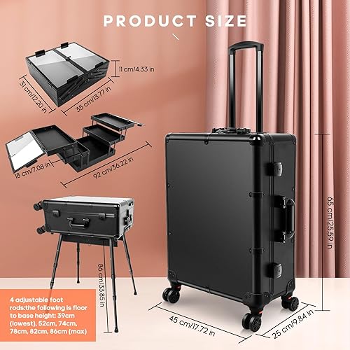 Miniatura 2 de Caja de aluminio del tren del maquillaje de la carretilla con la luz LED cosmética profesional 24 '' maquillaje organizador estudio, Negro -, Moda
