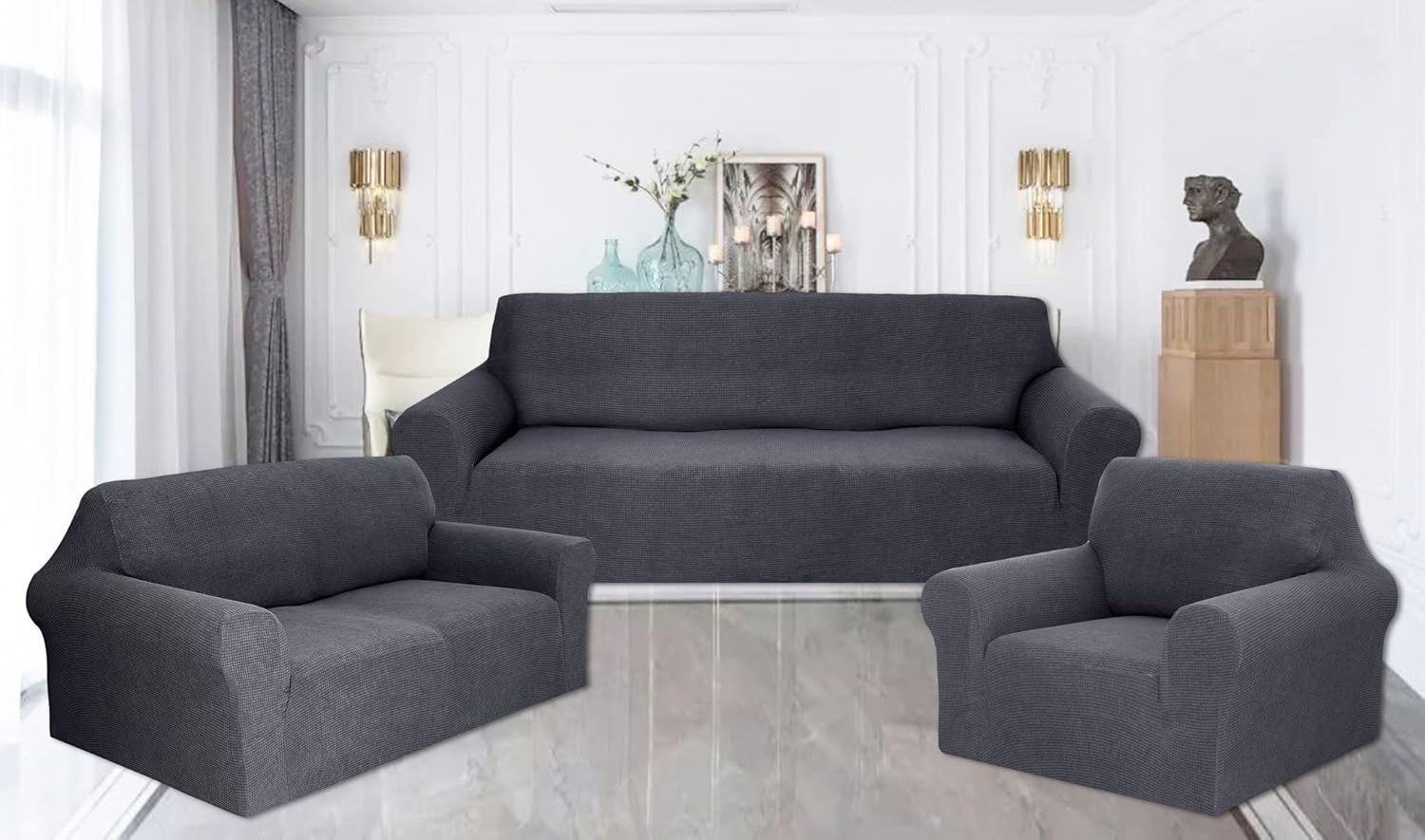 Valora Home Sofa Protector Couch Slipcover Set- Elastic Spandex, Non-Slip Furniture Protector Solid Set (Charcoal/Dark Grey, 3 PCE (Sofa+Love-Seat+Arm-Chair))