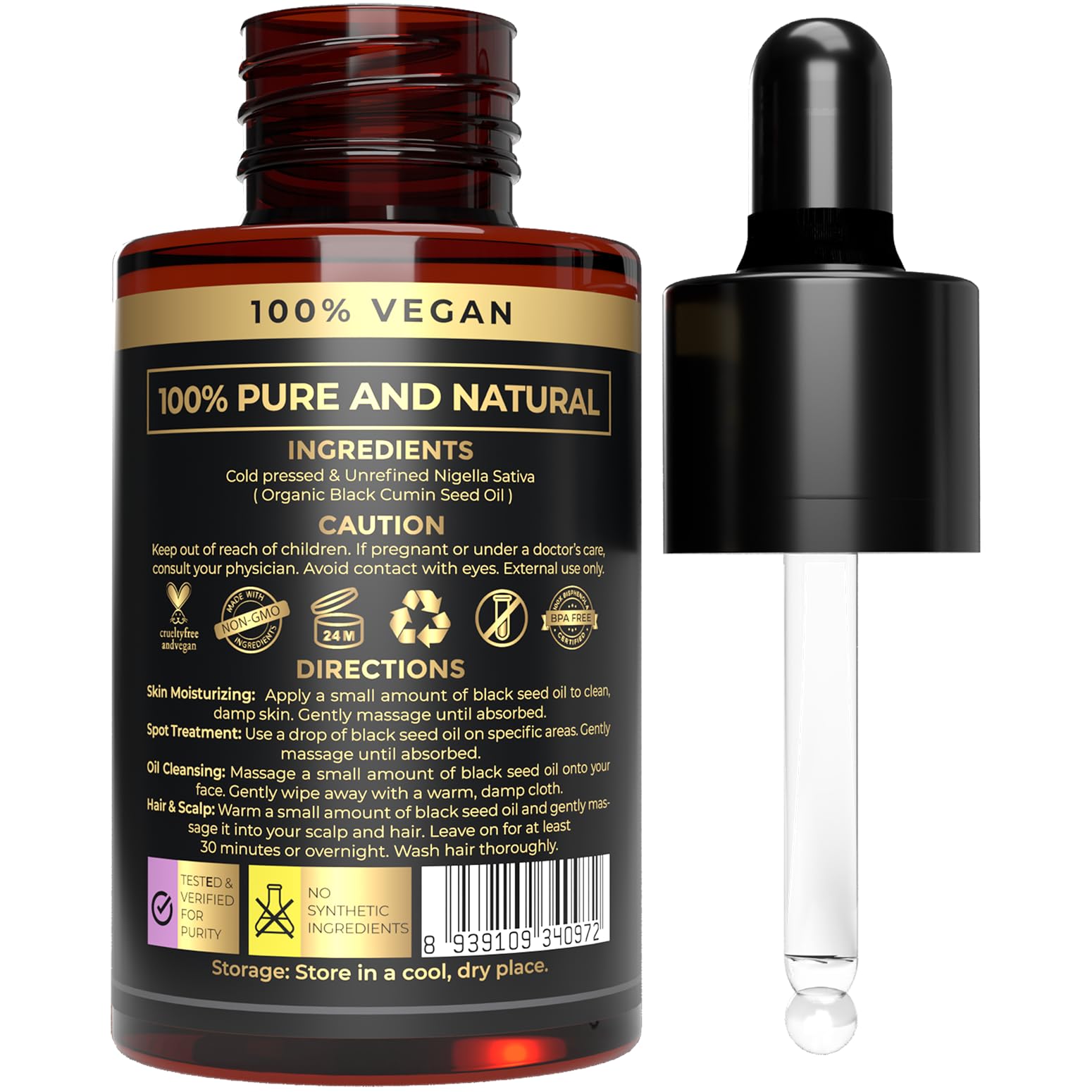 100% Plant Based Black Seed Oil, Organic Cold Pressed Carrier Oil for Hair & Skin Care - Image 2