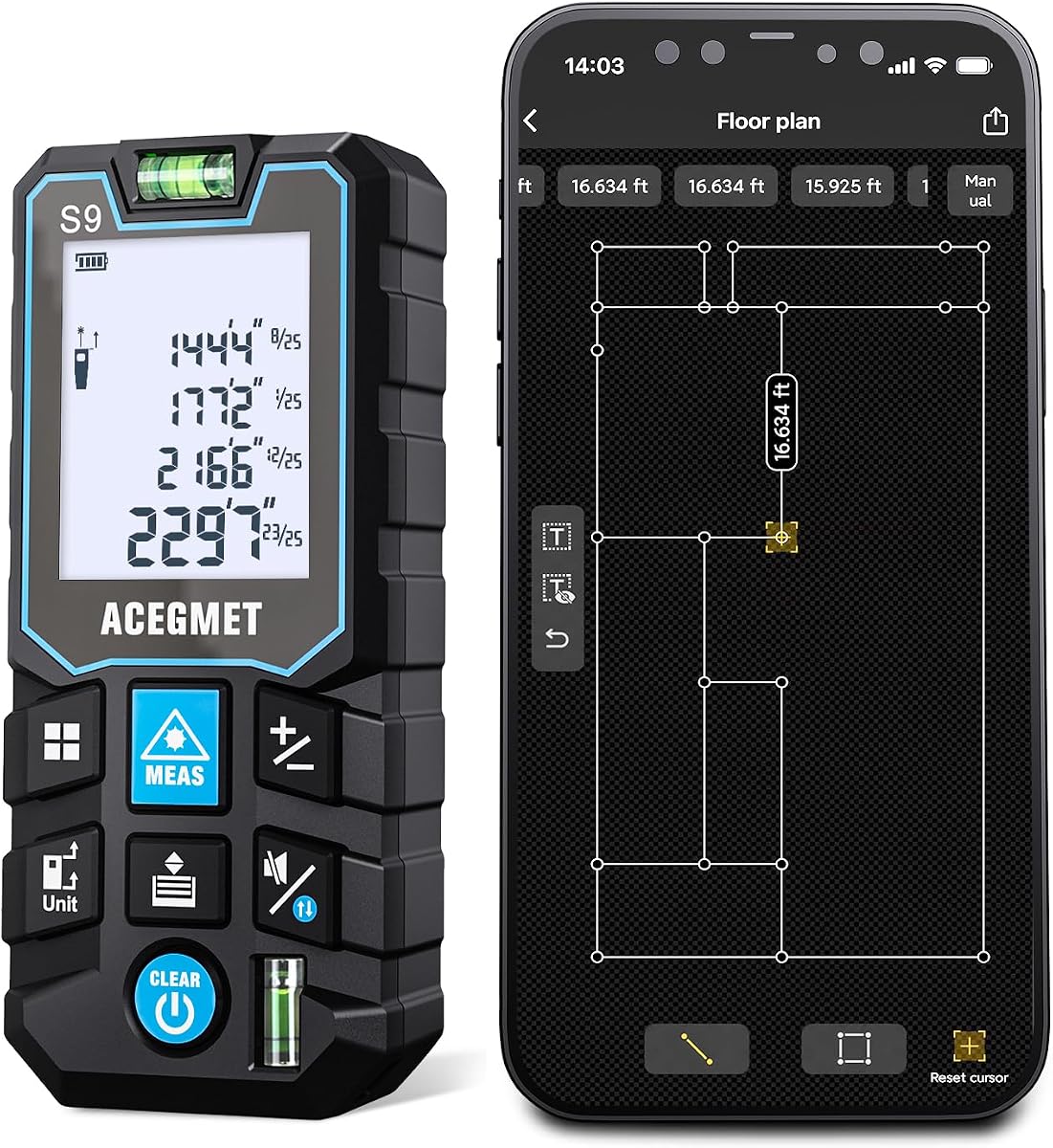 S9 229ft/70m Laser Measuring Tool with Phone App | LCD Backlit Display, 2 Bubble Levels, IP54 Waterproof, Pythagorean Mode, Ft/in/M Units for Distance, Area, Volume