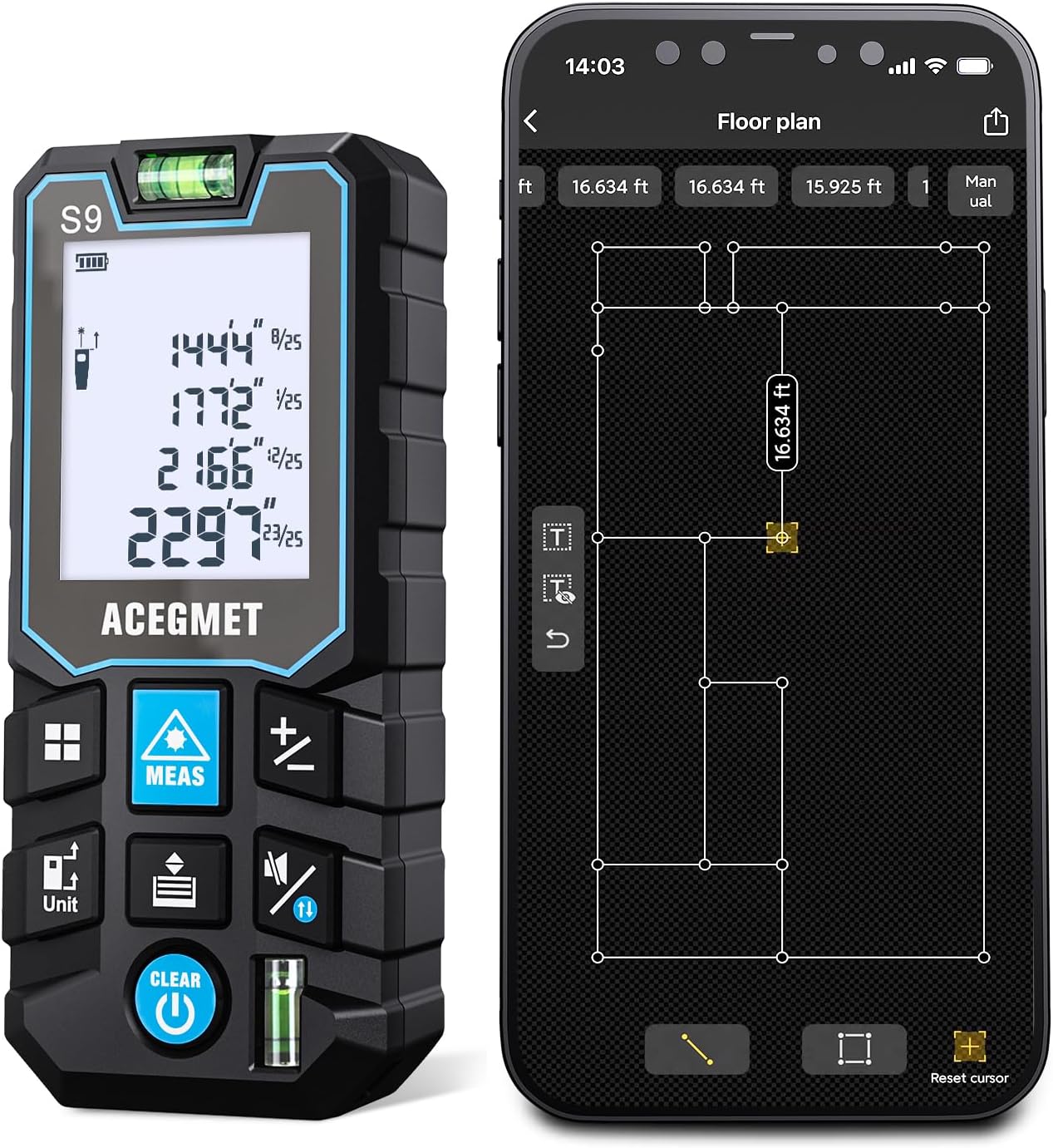 Laser Measurement Tool with Phone App, Record Data+2D Floor Plan Laser Tape Measure ACEGMET 196 Feet Laser Measure , ±1/16-inch Accuracy, Ft/in/Ft+in/M Unit Switch and 6 Modes of The Measurement