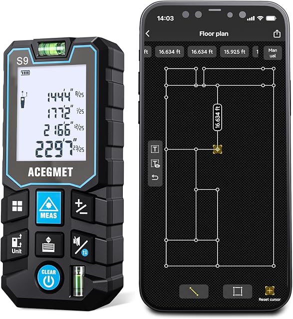 ACEGMET Laser Measure with Phone App, 229ft/70m Laser Measurement Tool with 2 Bubble Levels, LCD Backlit Display, IP54 Waterproof, Pythagorean Mode for Distance, Area, Volume