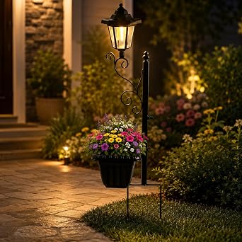 2 in 1 Outdoor Flower Pots, 25 Solar Lantern Post Light with Planter, Metal Pole & IP65 Waterproof, Freestanding Outdoor Planters, Decorative Solar Lamp for Lawn, Patio, Front/Back Door, 1-Pack
