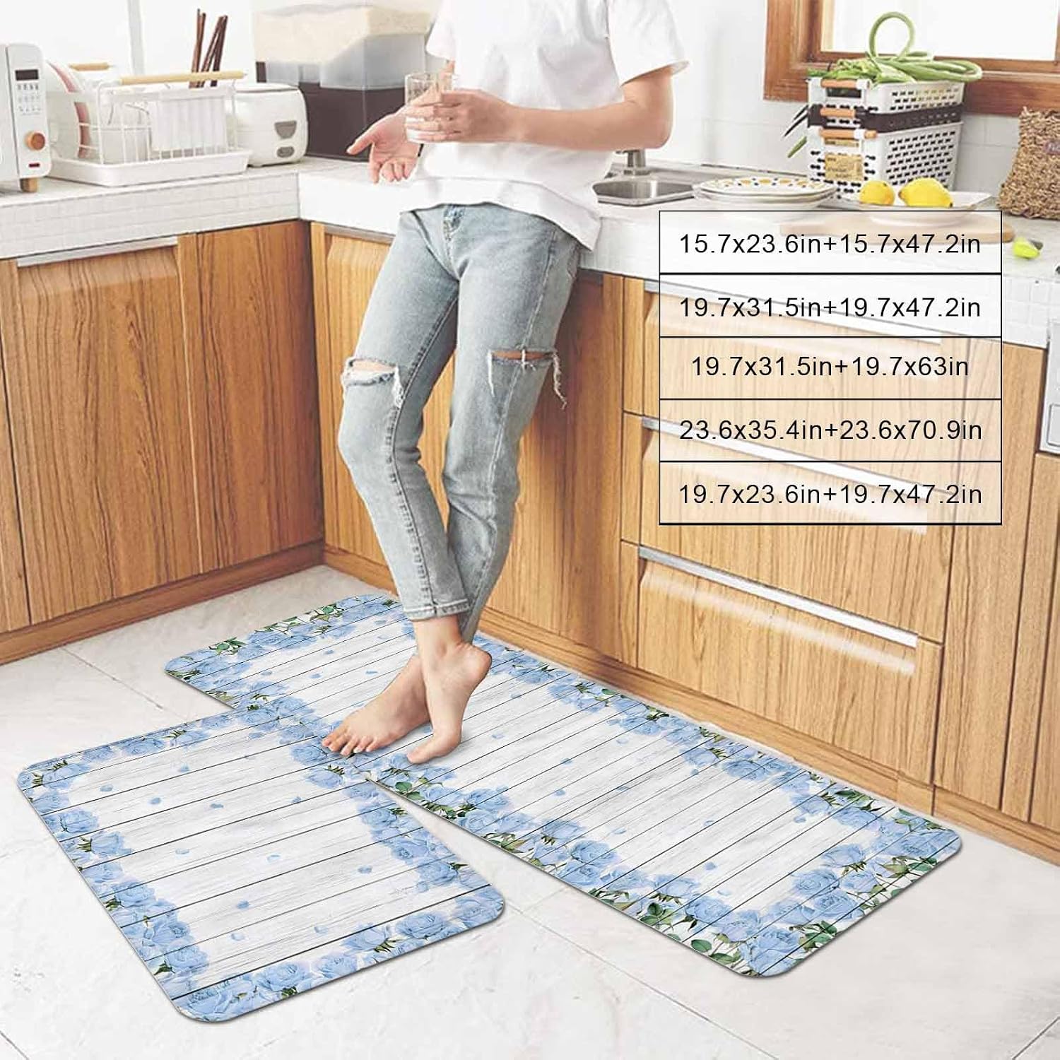 Farmhouse Flower Kitchen Mat Set 2 Pieces Blue Rose Wreath Rustic Country White Wood Grain Non Slip Kitchen Rugs Washable Runner Rug Mats for Floor Sink Laundry Office 19.7" x 31.5"+19.7" x 63"