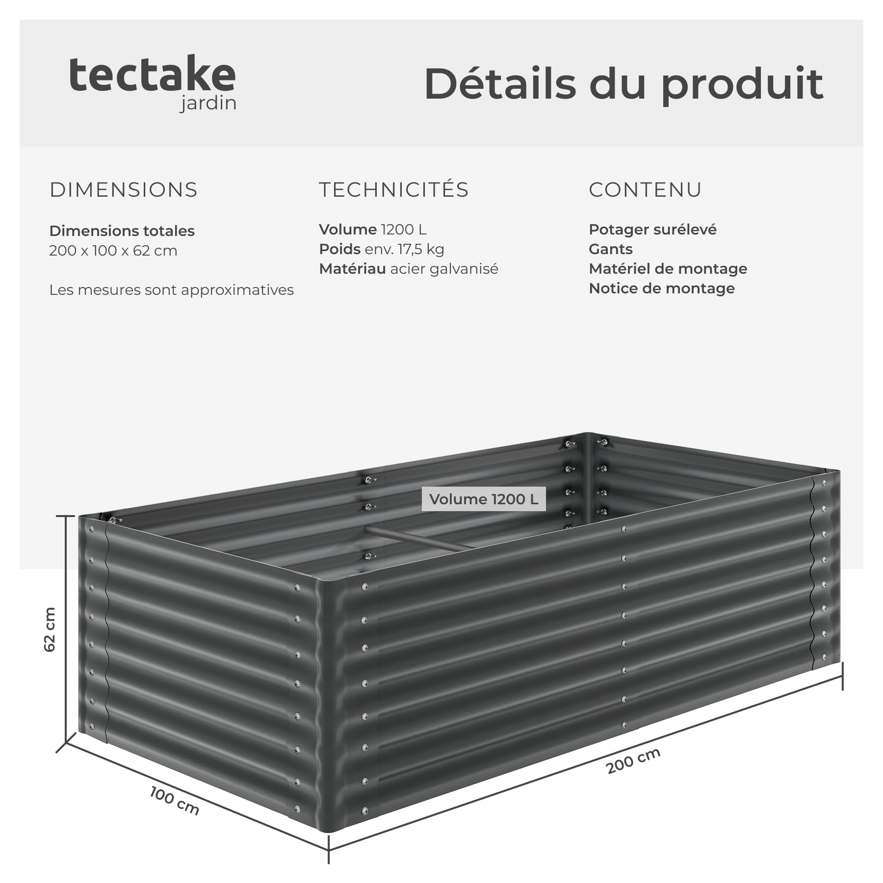 tectake® Jardiniere 200 x 100 x 62 cm, Plate-bande surélevée en acier, Potager surélevé, 1 paire de gants jardinage incluse, Carre Potager 1200L, Lit de jardin Jardiniere exterieur, Bac a fleur Jardin
