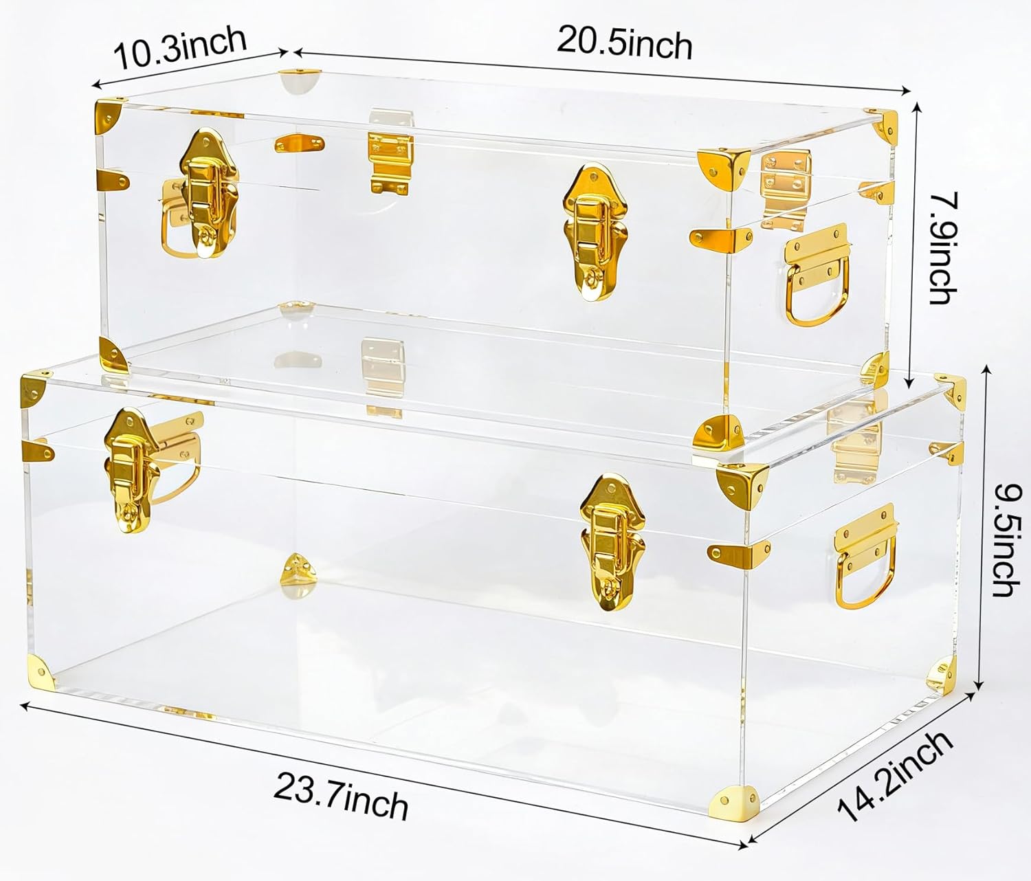 Vixdonos Acrylic Storage Chest Decorative Trunk Set of 2 Keepsake Box College Dorm Organizer with Hardware Hasps and Handle for Home Deocr,23.7X14.2X9.5 Inches,Clear