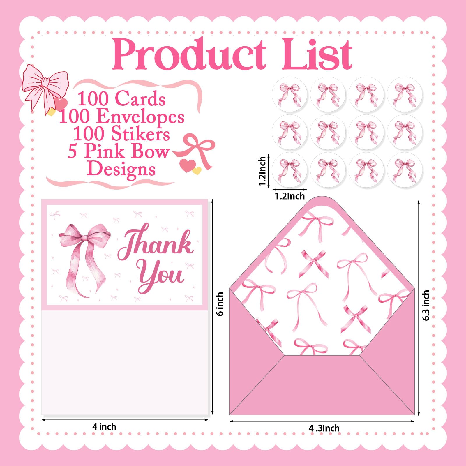 Motiskyy Lot de 100 cartes de remerciement avec nœud rose avec enveloppes et autocollants 10,2 x 15,2 cm - Cartes de vœux vierges pour fête prénatale, mariage, fête d'anniversaire