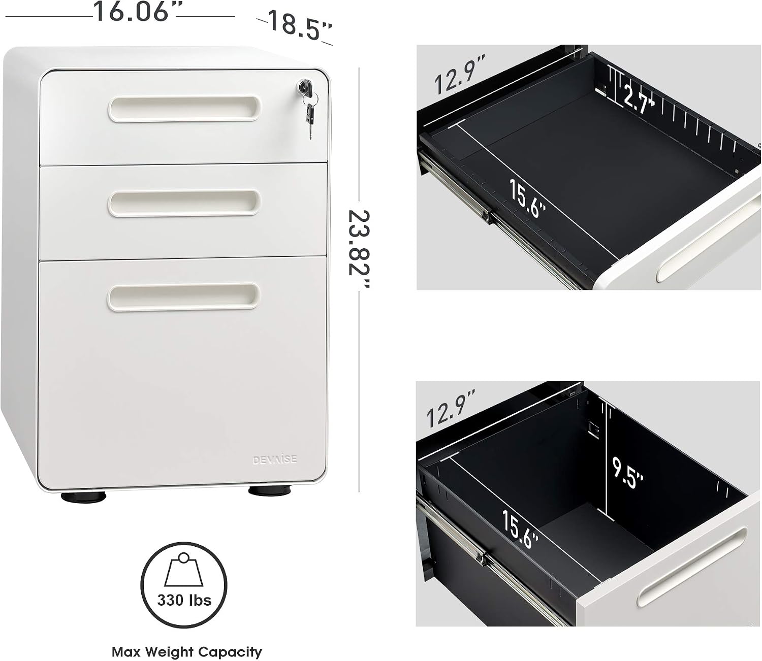 DEVAISE 3-Drawer Mobile File Cabinet with Anti-tilt Mechanism, Legal/Letter Size, White