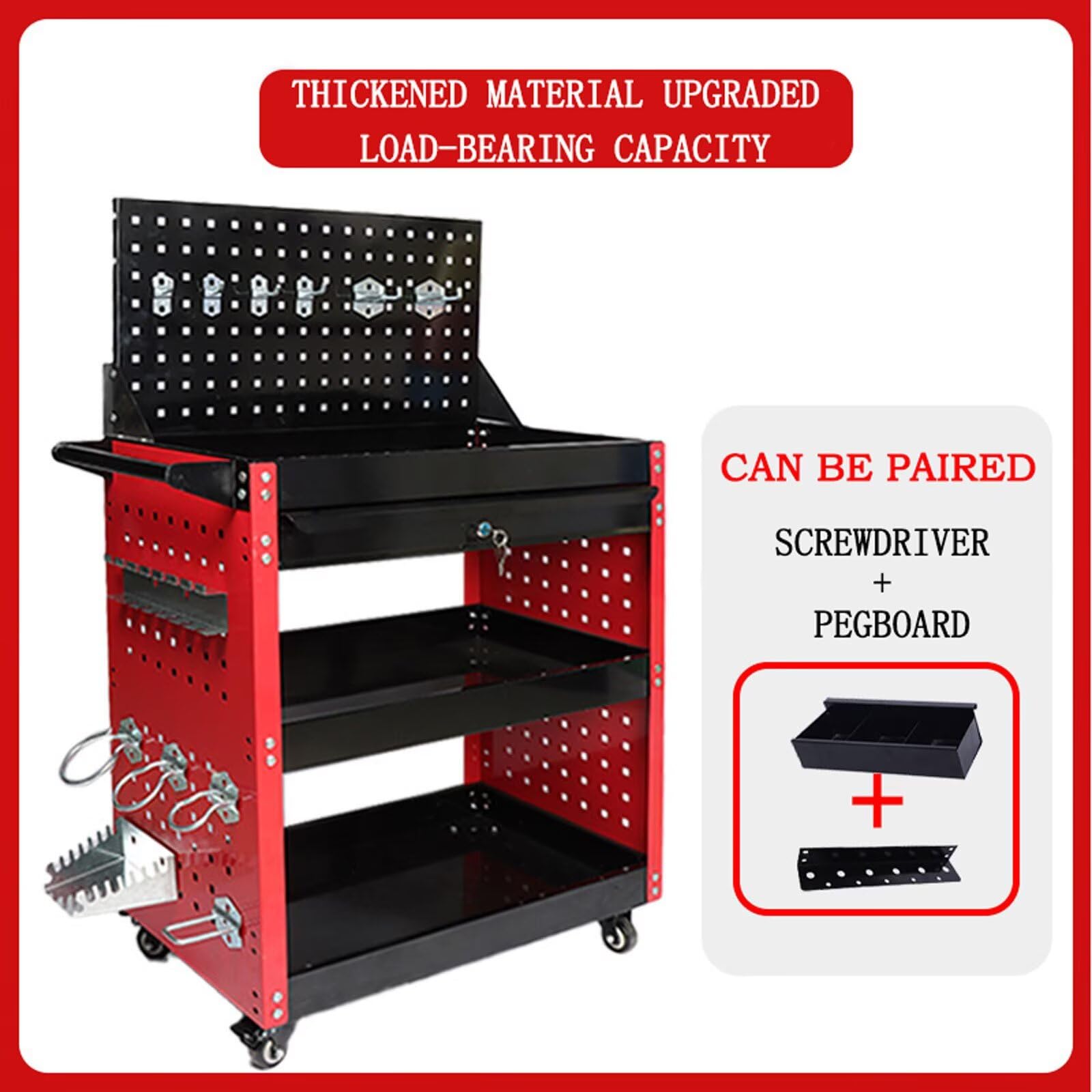 Carrello Portautensili Officina Carrello da Officina con 3 Ripiani Con cassetto e Pegboard Per Bagno Cucina Camera da letto Soggiorno(65x36x78cm) Rosso