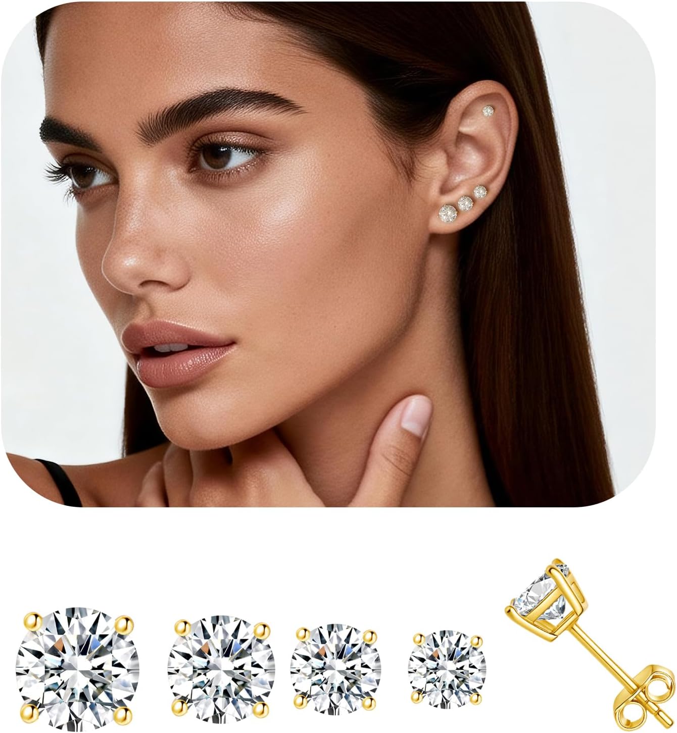 4 Pairs 14K Gold-Plated Round Cubic Zirconia Stud Earrings, 2mm /4mm / 5mm / 6mm Size, S925 Silver Ear Needle, Low Allergenic, Suitable for Both Men and Women - Image 2