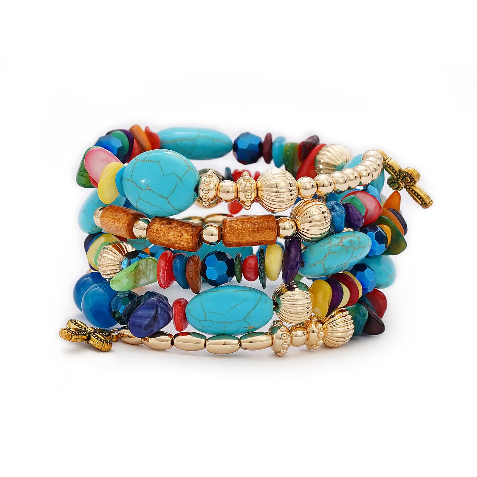 DiSiTino Boho Beach Beaded Wrap Bracelets for Women Summer Bohemian Wrap Stackable Bracelets Crystal Gold Beads Layered Fashion Jewelry Set Handmade