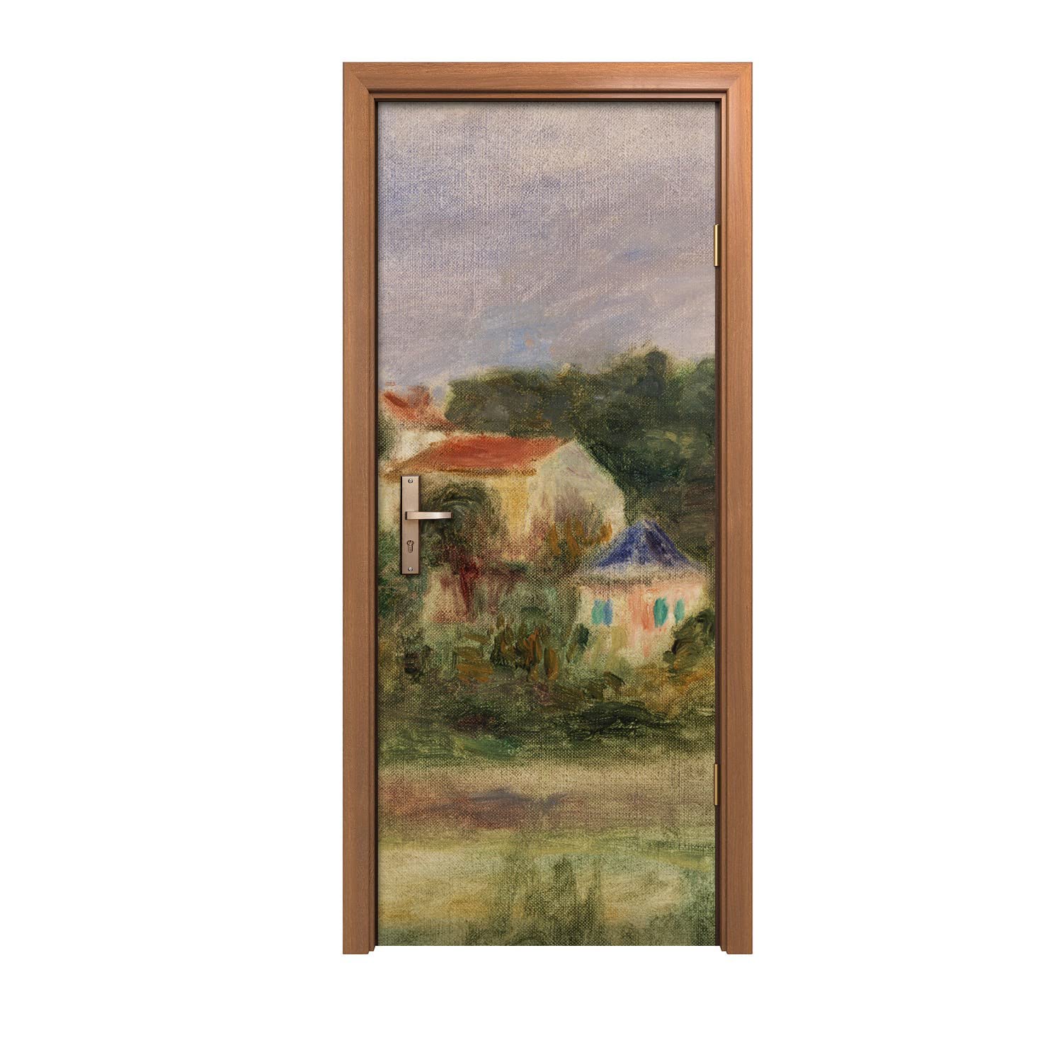 Autocollant de porte 90x200cm motif maisons forestières ciel pour décoration murale
