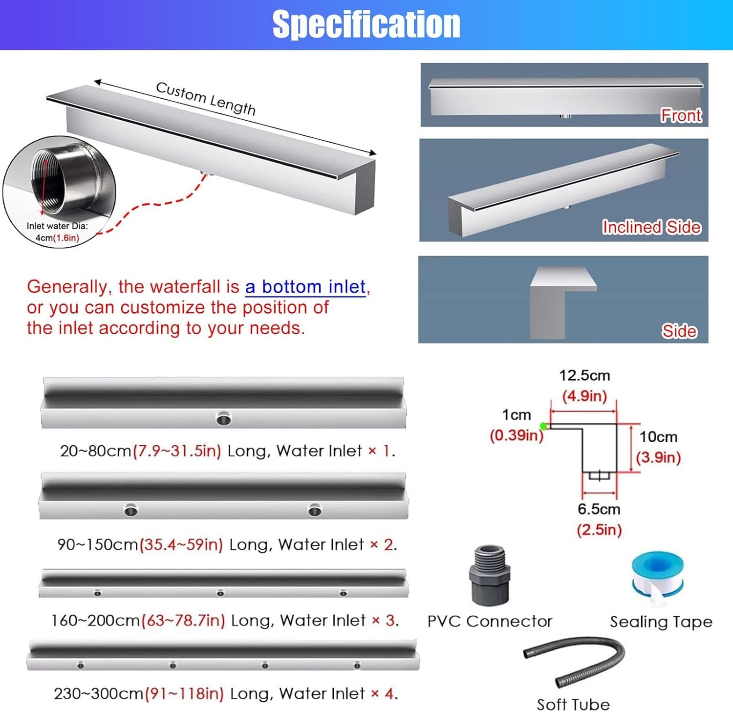 Built-in Pool Fountain Waterfall Spillway Kit, Wall Mount Concealed Pool Waterfall Outlet Water Feature Flow Channel, 304 Stainless Steel Waterfall Spout(Black,Outlet 90cm(35.4in))