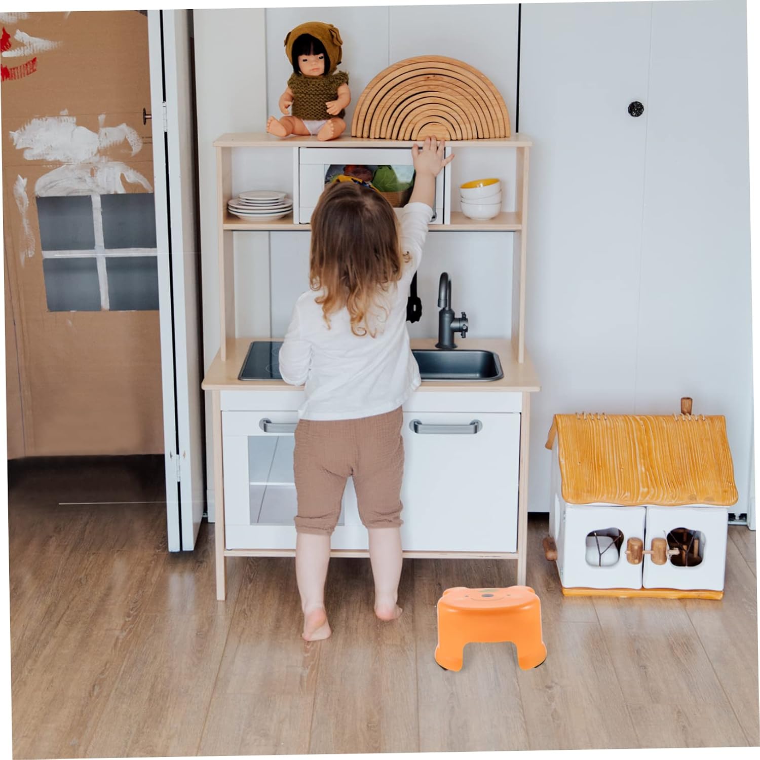 Plastic Step Stool for Boy Girl Non-Slip Bathroom Foot Stool in Bright Orange Lightweight Multi-Purpose Design for Easy Movement for Potty Training and Daily Use