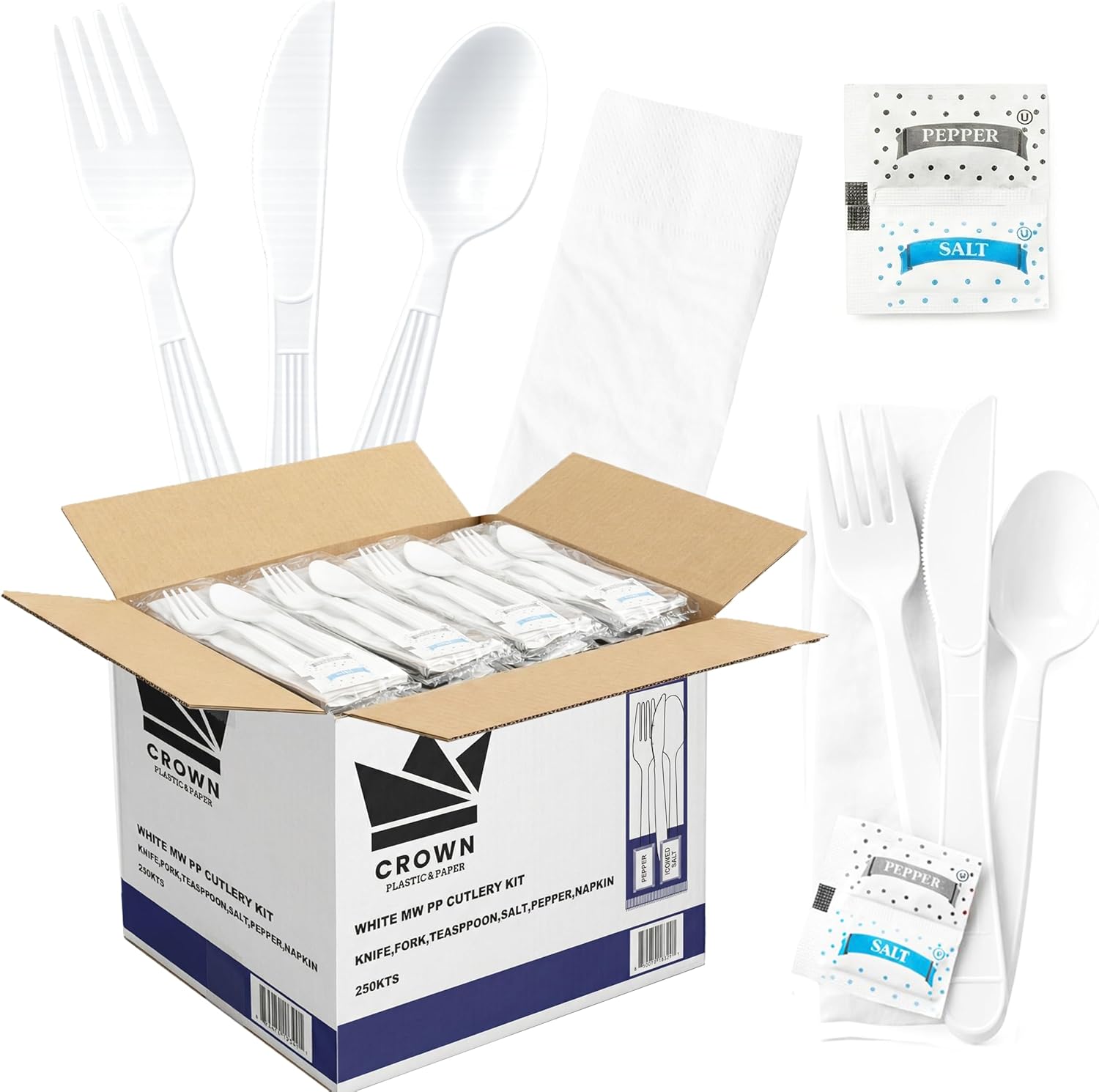 White Disposable Cutlery Set with Fork, Knife, Spoon, Napkin & Salt & Pepper - Medium-Weight Plastic Cutlery for Reliable Dining- Disposable Cutlery Ideal for Takeout & Food Service- 250 Pack (6 Pcs)