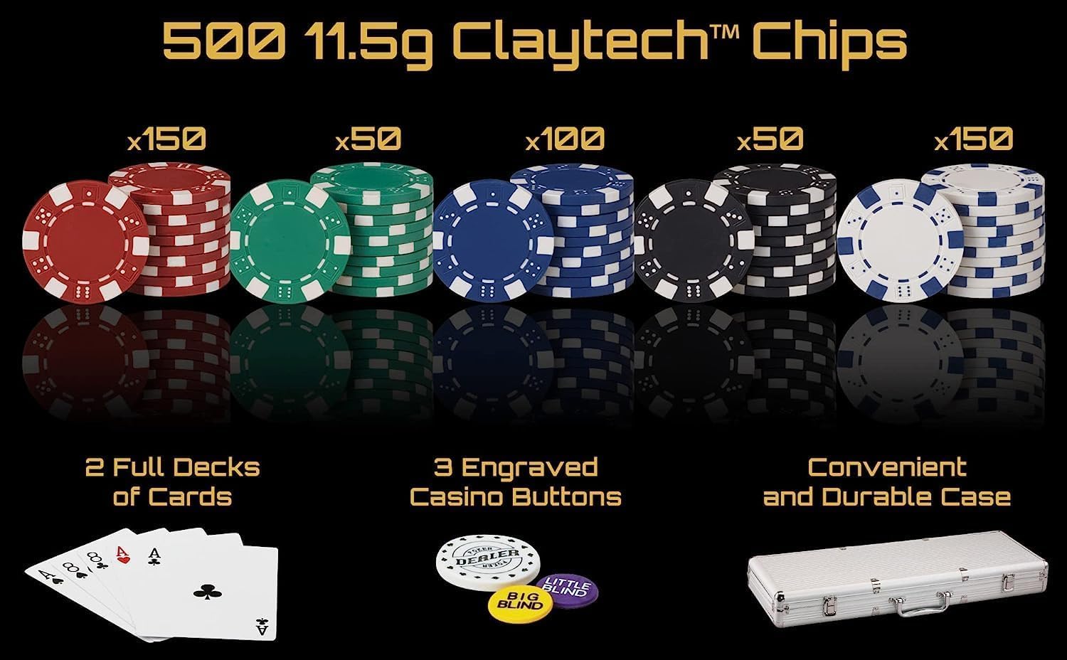 TOYDXXA Professional Casino 500 Chips with Aluminum Case, Playing Cards, Dealer Button for Texas Hold’em, Blackjack Complete Poker Game Set 3