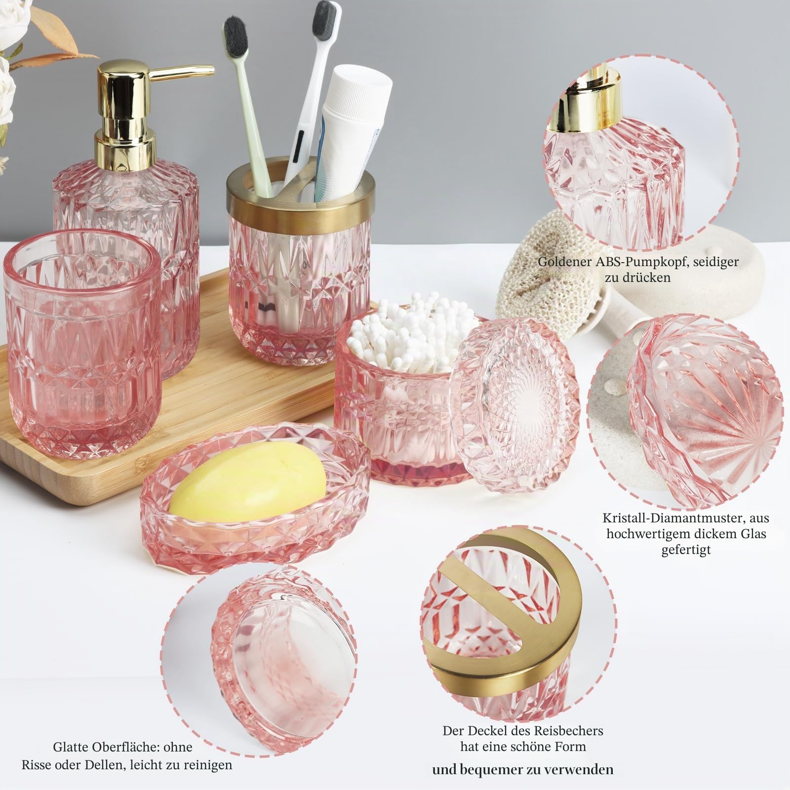 5 Stück Glas Badezimmer Zubehör Sets, Rosa Seifenspender Set mit Seifenspender, Seifenschale, Zahnbürstenhalter, Wattestäbchen Kanister, Becher, Badezimmer Deko Set, Badezimmer Organizer