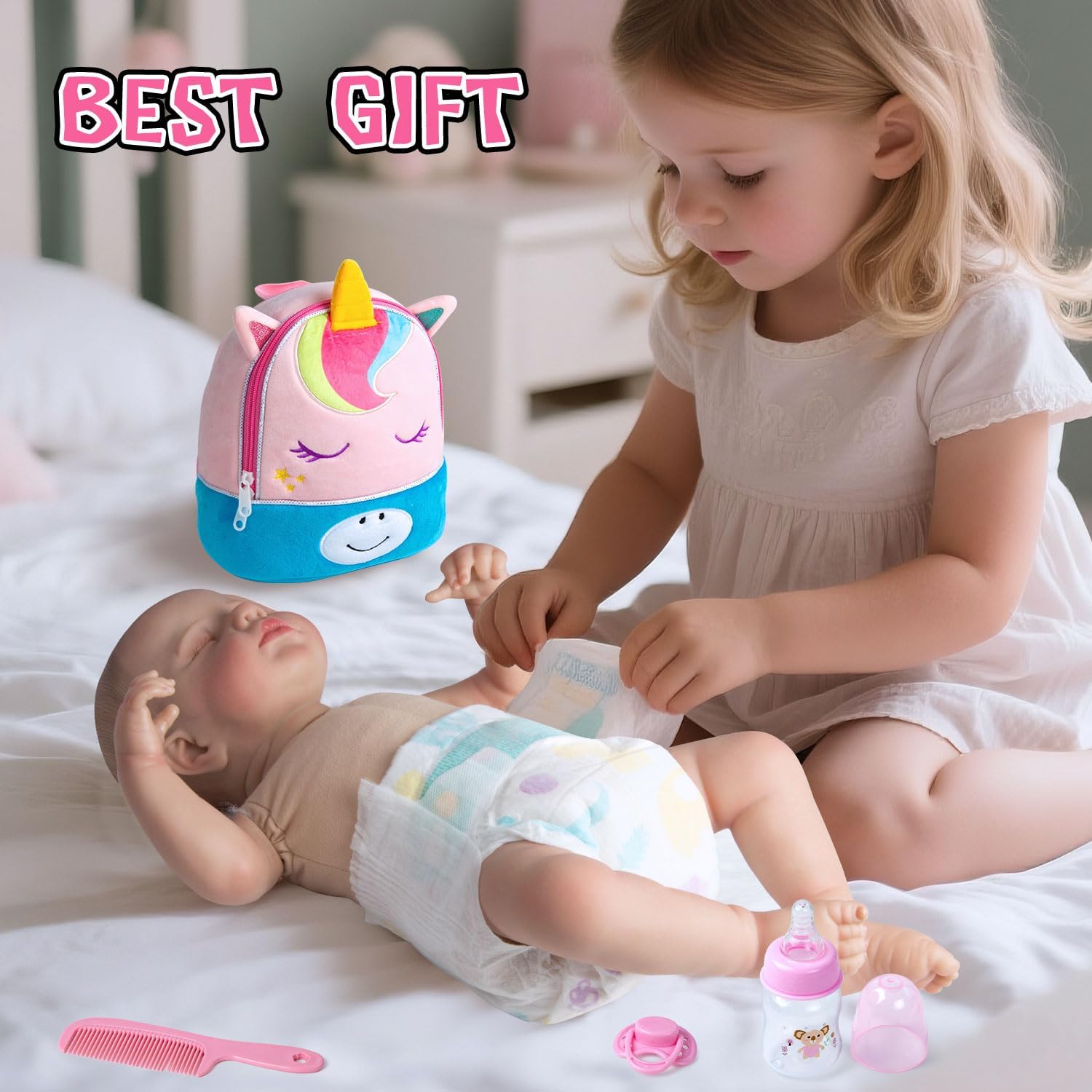 10 Pcs Reborn Baby Doll Diaper Bag Care and Feeding Set for 17-24 inches Reborn Dolls Accessories Newborn Baby Girl with Unicorn Backpack