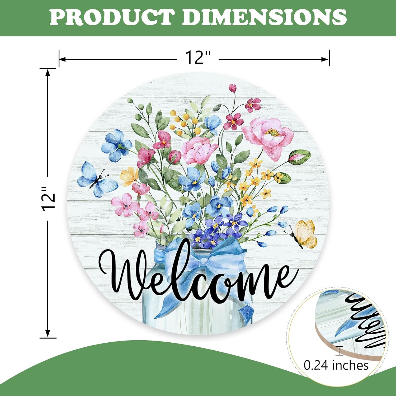 Welcome Spring Summer Floral Front Door Sign, Watercolor Wildflower Flower Mason Jar Butterfly Wood Plaque Hanger Outdoor Outside Porch Home Decor, Wooden Wreath Indoor Wall Hanging Decoration