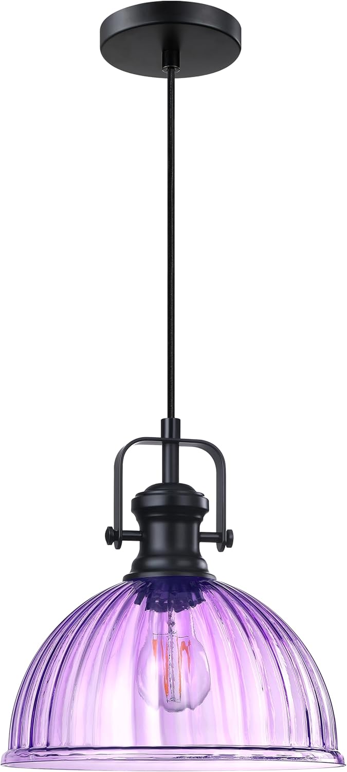 Leading Lighting 1 Light Pendant Light Hanging Modern Farmhouse Indoor Fixture 10" Purple Textured Glass Black Finish Dinning Over Sink Kitchen Island