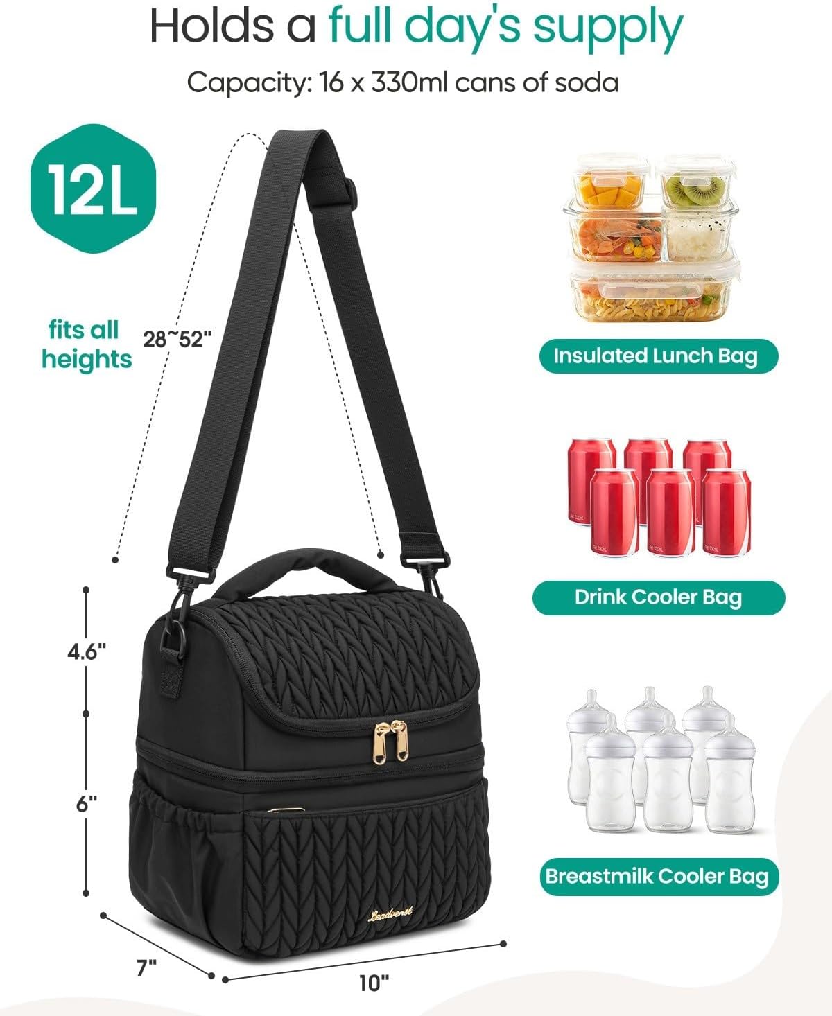 Lunch Bag Women, Double Deck Insulated Lunch Box - Large Capacity 12L with Detachable Divider for Tall Items, Leakproof, Durable & Reusable Cooler Bag For Work Picnic Travel, Quilted Black