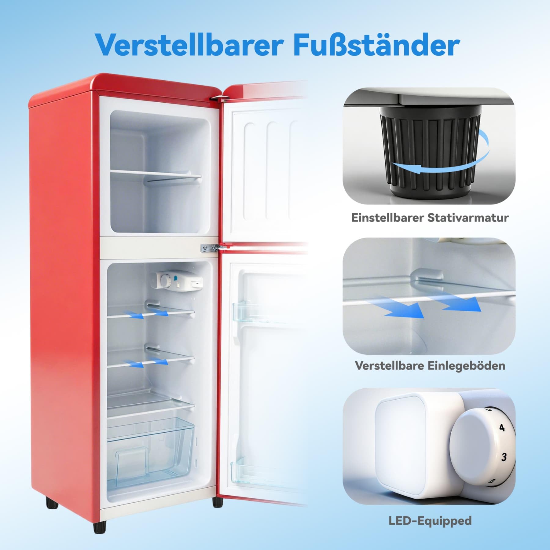 YEHTOKHOME - Refrigerador de 2 puertas, nevera pequeña, 7 niveles de ajuste de temperatura, iluminación LED, estantes ajustables, clase energética E, para cocina, salón y oficina (rojo, 112 L)