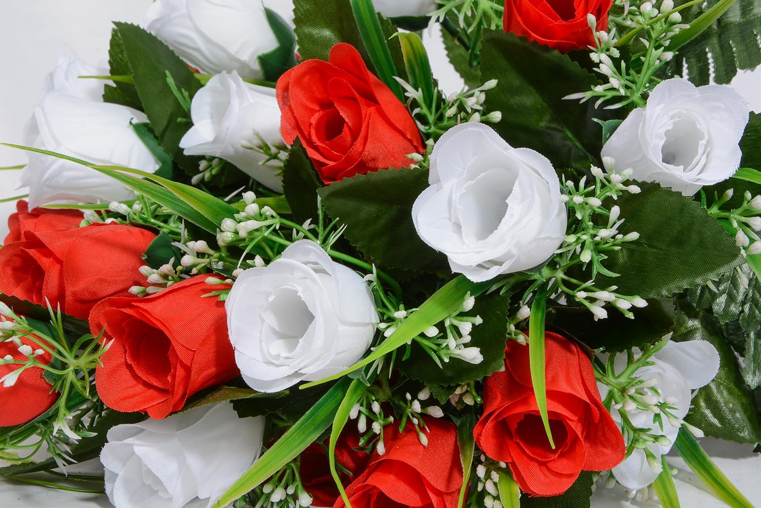 Artificial Cemetery Flowers for Grave, Artificial Rose Memorial Flowers with Vase for Cemetery Headstones Gravesites Decoration Long-Lasting Remembrance (White&Red)