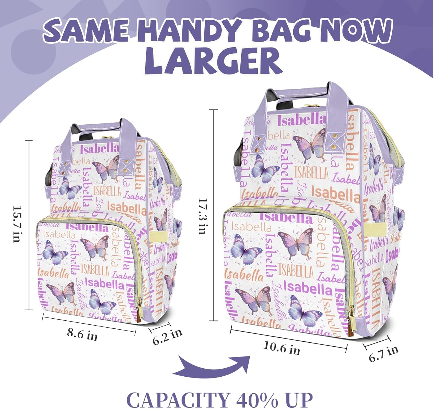 Custom Diaper Bag Backpack, Upgraded Large Capacity Baby Bag, Personalized Diaper Changing Backpack with Name, Multifuction Mommy Bag with Insulated Pockets, Girls Baby Bag, Butterfly Purple