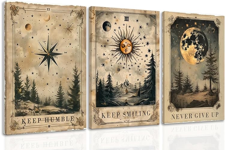 Palette Dreams 3 Pieces Gothic Vintage Celestial Canvas Wall Art, Vintage Tarot Canvas Wall Decor, Mysterious Sky Astrology Picture Poster Prints for Living room Bedroom Office Decor 12X16 inches - 16"L x 12"W - Tarot B