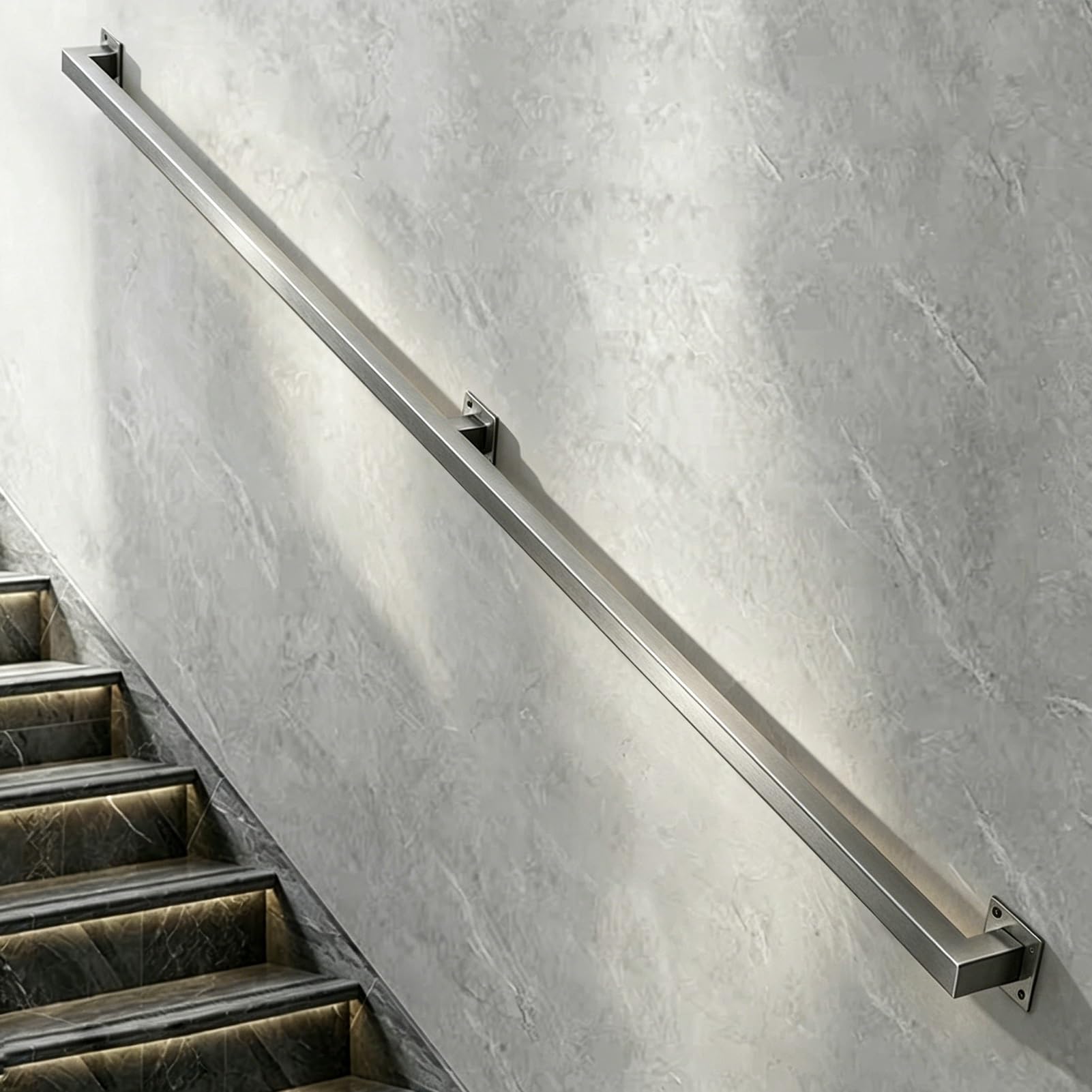 Industrial Silver Handrail for Stairs - 1m 1.5m 2.8m 2.5m 3.9m 4.5m 6m Sturdy Stainless Steel Square Tube Grab Rail - Indoor Outdoor Banister Railing Wood Concrete Brick Wall(16ft/4.8m)