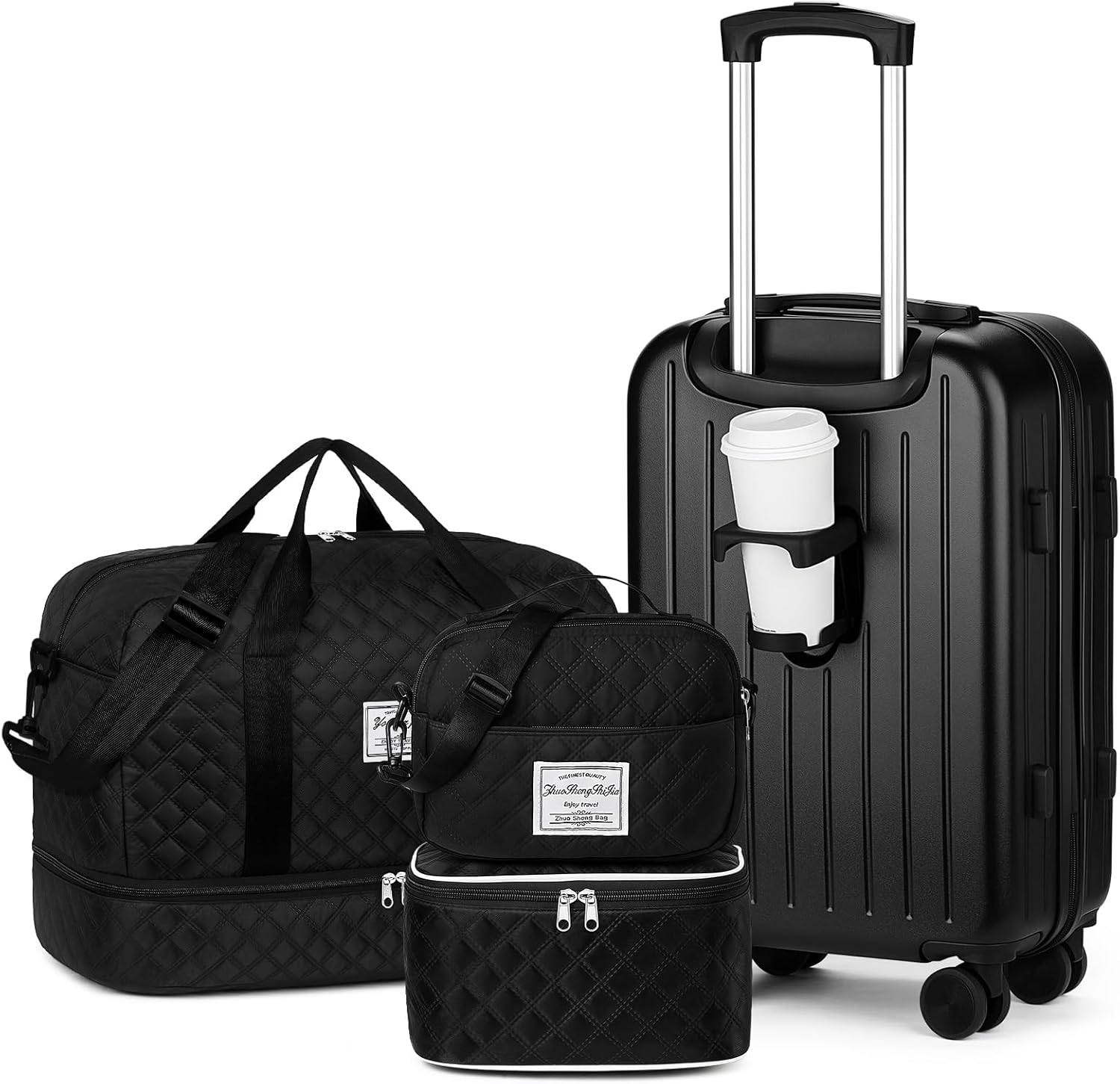 Luggage Sets for Women Men 4 Piece - Carry on Hardside Suitcase 20inch with USB Port, 360° Spinner Wheels, Duffel Bag, Cup Holder, Lightweight Luggage Set for Travel Vacation Black 20in/4pcs Set