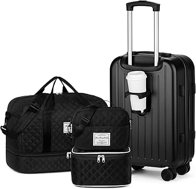 Yorige Luggage Sets for Women Men 4 Piece - Carry on Hardside Suitcase 20inch with USB Port, 360° Spinner Wheels, Duffel Bag, Cup Holder, Lightweight Luggage Set for Travel Vacation
