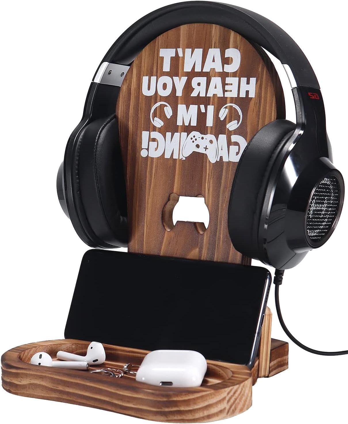 Gamer Gifts for Teenage Boy, Man Cave Decor, Best Gifts for Son, Boyfriend, Husband, Gaming Accessories for Room, Wooden Headset Stand for Gaming Desktop- Can't Hear You I'm Gaming